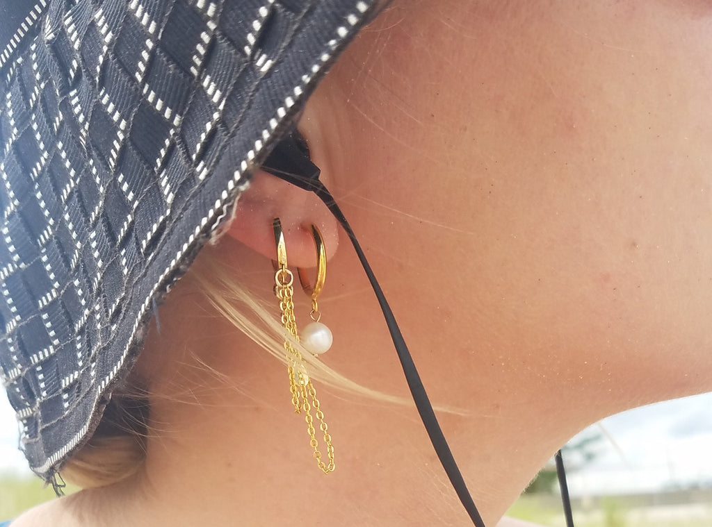 Gold Plated Sterling Silver Pearl Hoop Earrings  Dainty C Hoops