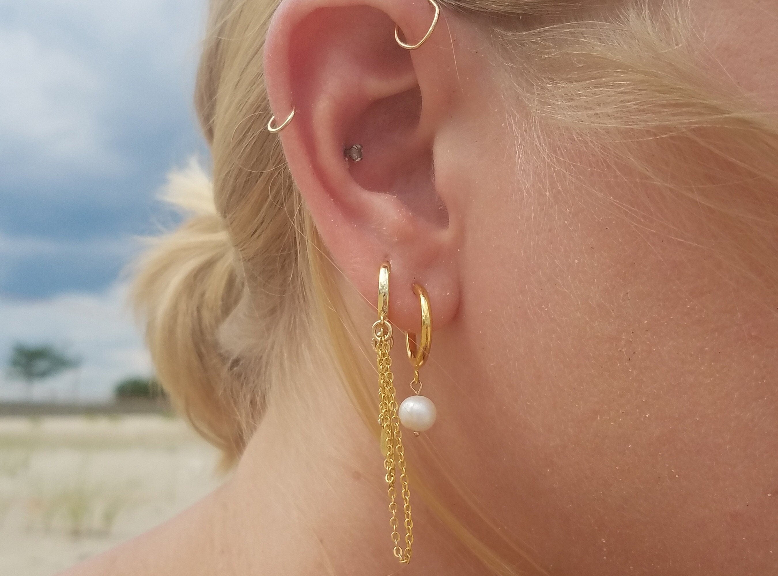 Gold Plated Sterling Silver Pearl Hoop Earrings  Dainty C Hoops