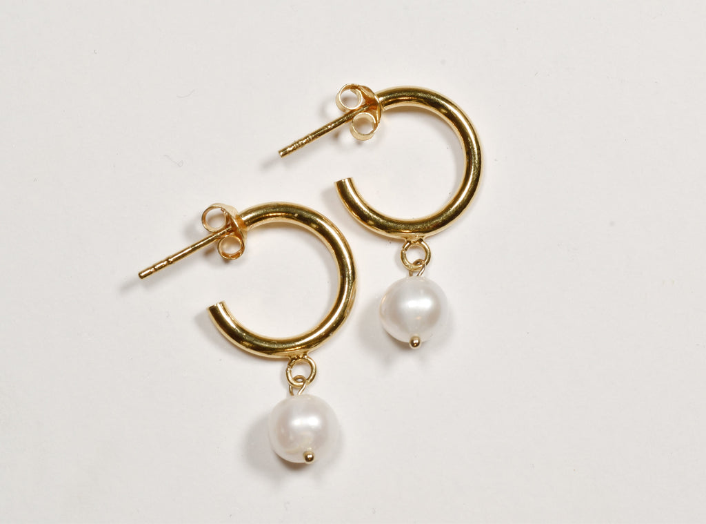 Gold Plated Sterling Silver Pearl Hoop Earrings  Dainty C Hoops