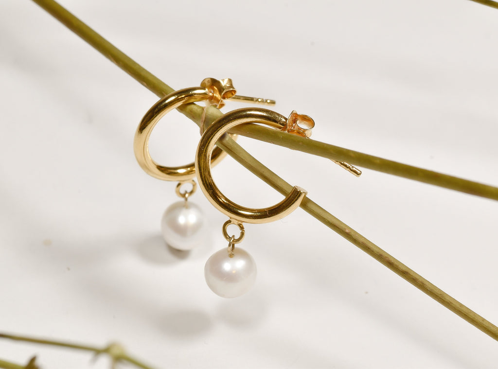 Gold Plated Sterling Silver Pearl Hoop Earrings  Dainty Minimalist C Hoops