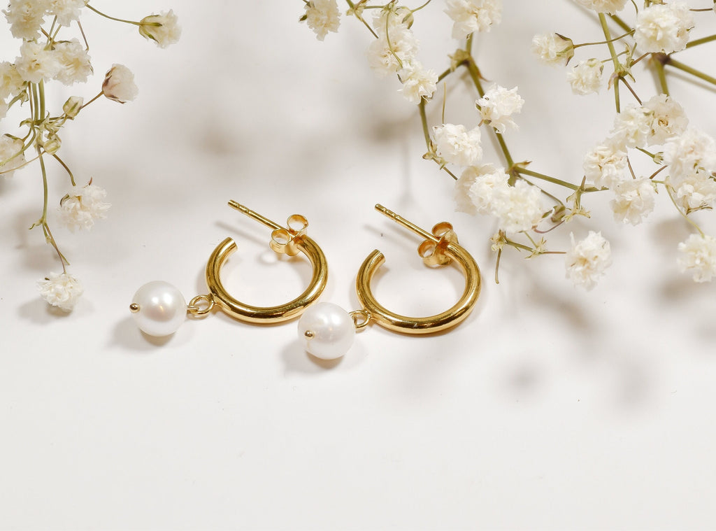Gold Plated Sterling Silver Pearl Hoop Earrings  Dainty Minimalist C Hoops