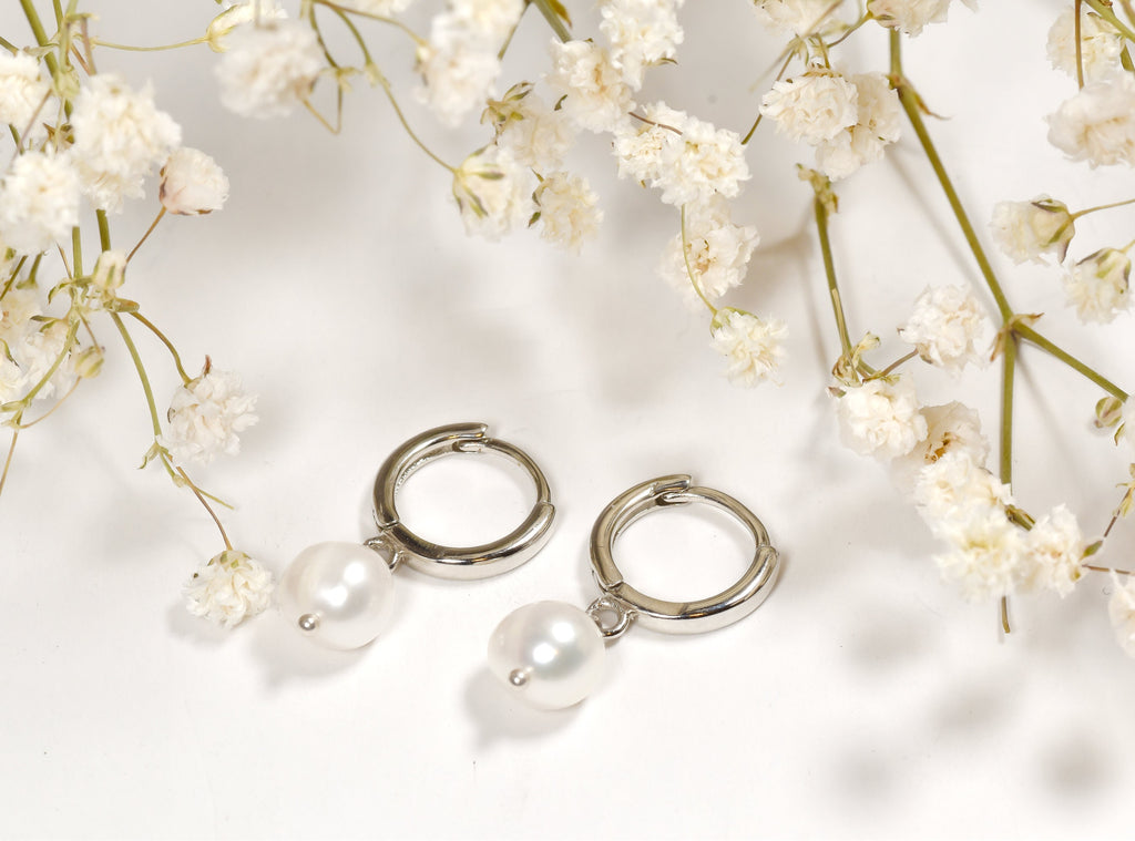 Sterling Silver Pearl Hoop Earrings  Dainty Minimalist C Hoops