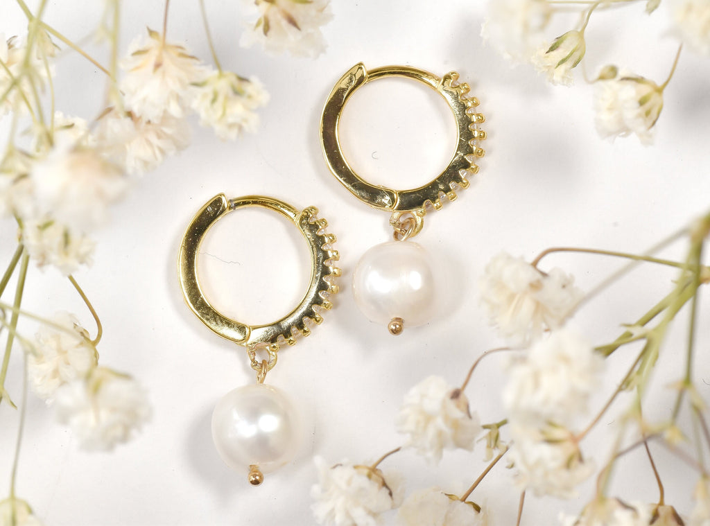 Pearl Huggie Hoop Earrings  Gold Plated Sterling Silver, Cubic Zirconia