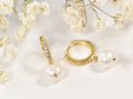 Pearl Huggie Hoop Earrings  Gold Plated Sterling Silver, Cubic Zirconia