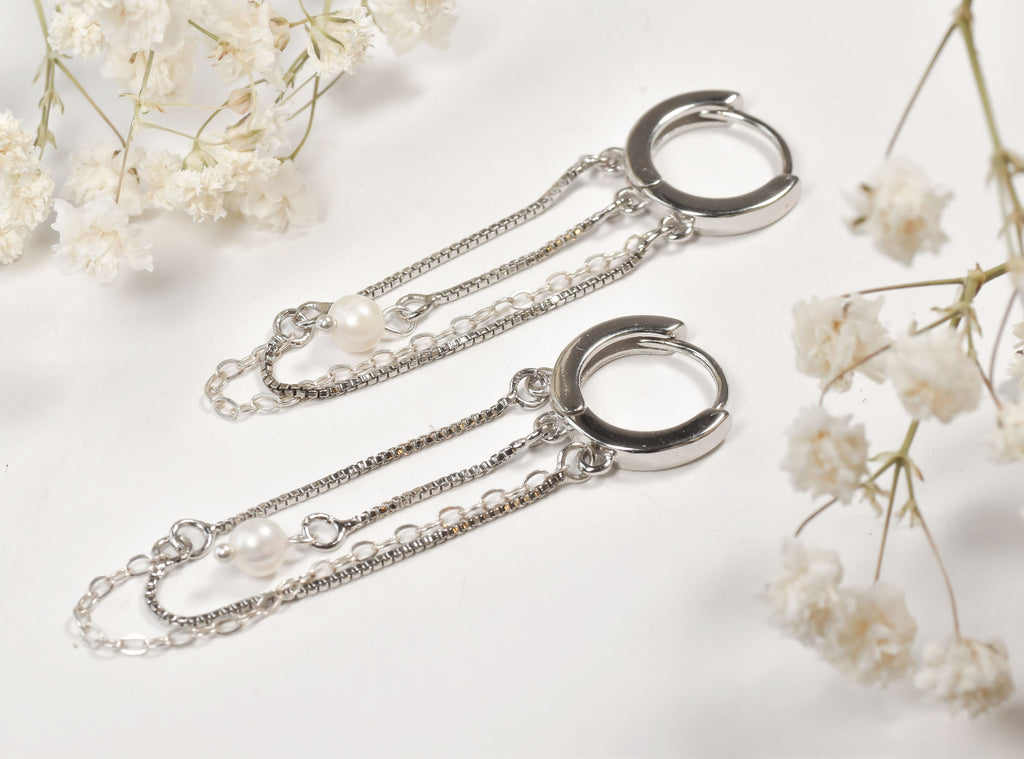 Sterling Silver Chain Hoop Earrings  Pearl Dangle Cartilage Hoops