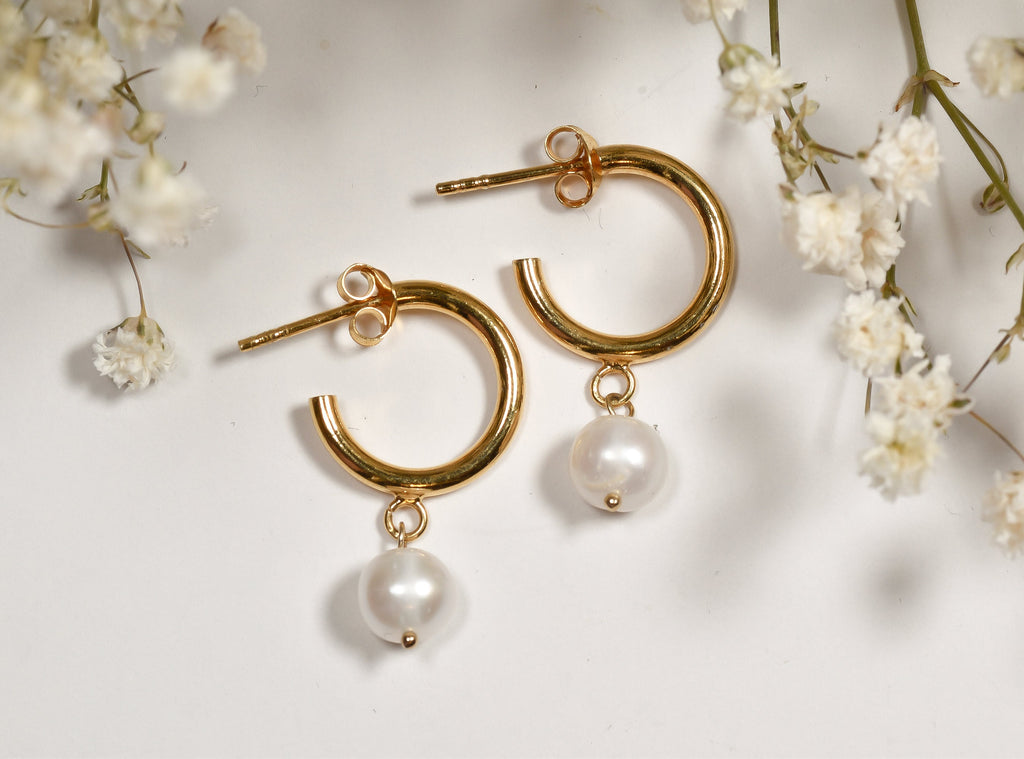 Gold Plated Sterling Silver Pearl Hoop Earrings  Dainty Minimalist C Hoops