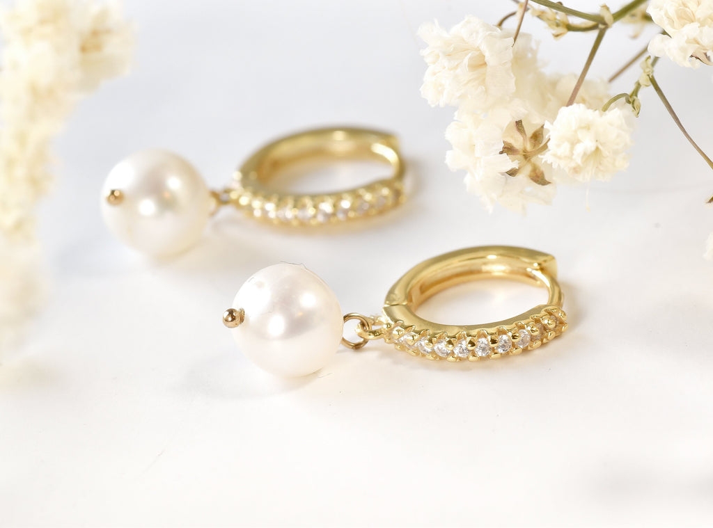 Pearl Huggie Hoop Earrings  Gold Plated Sterling Silver, Cubic Zirconia