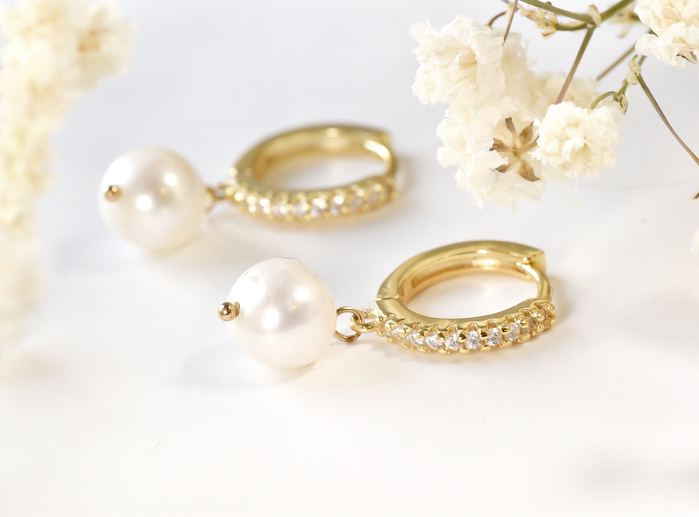 Pearl Huggie Hoop Earrings  Gold Plated Sterling Silver, Cubic Zirconia
