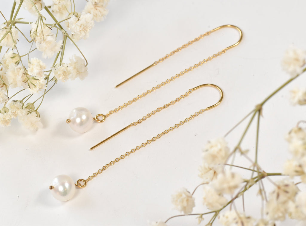 Gold Filled Pearl Threader Earrings  Dainty Minimalist Drop Earrings