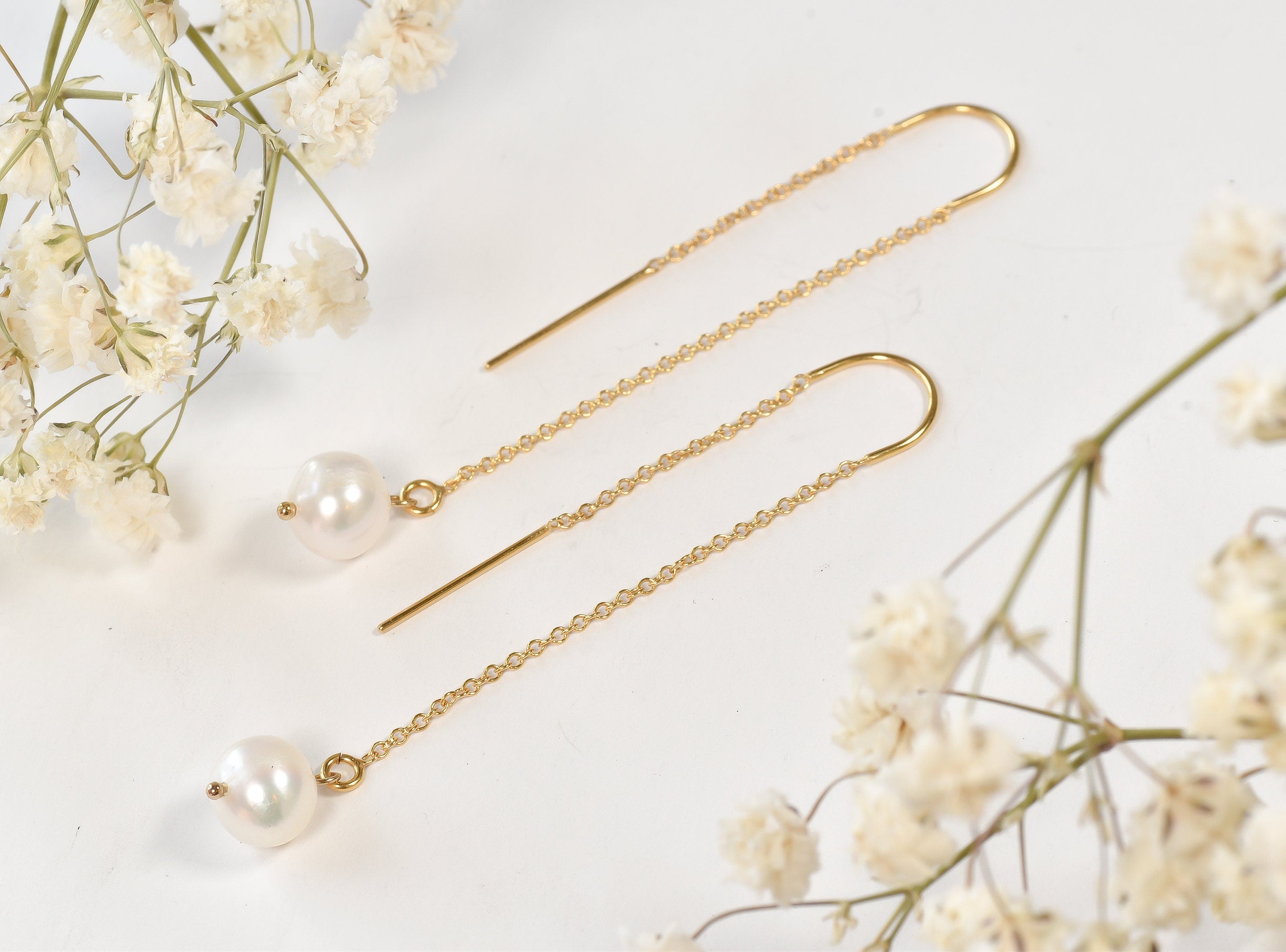 Gold Filled Pearl Threader Earrings  Dainty Minimalist Drop Earrings