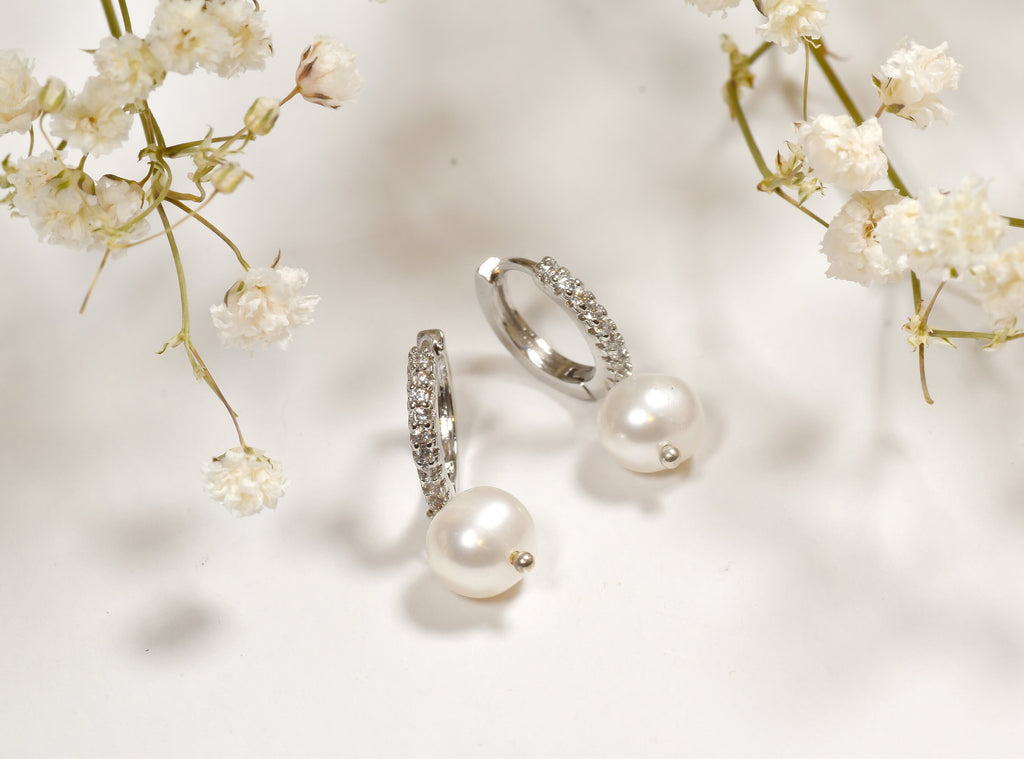 Pearl Huggie Hoop Earrings  Gold Plated Sterling Silver, Cubic Zirconia