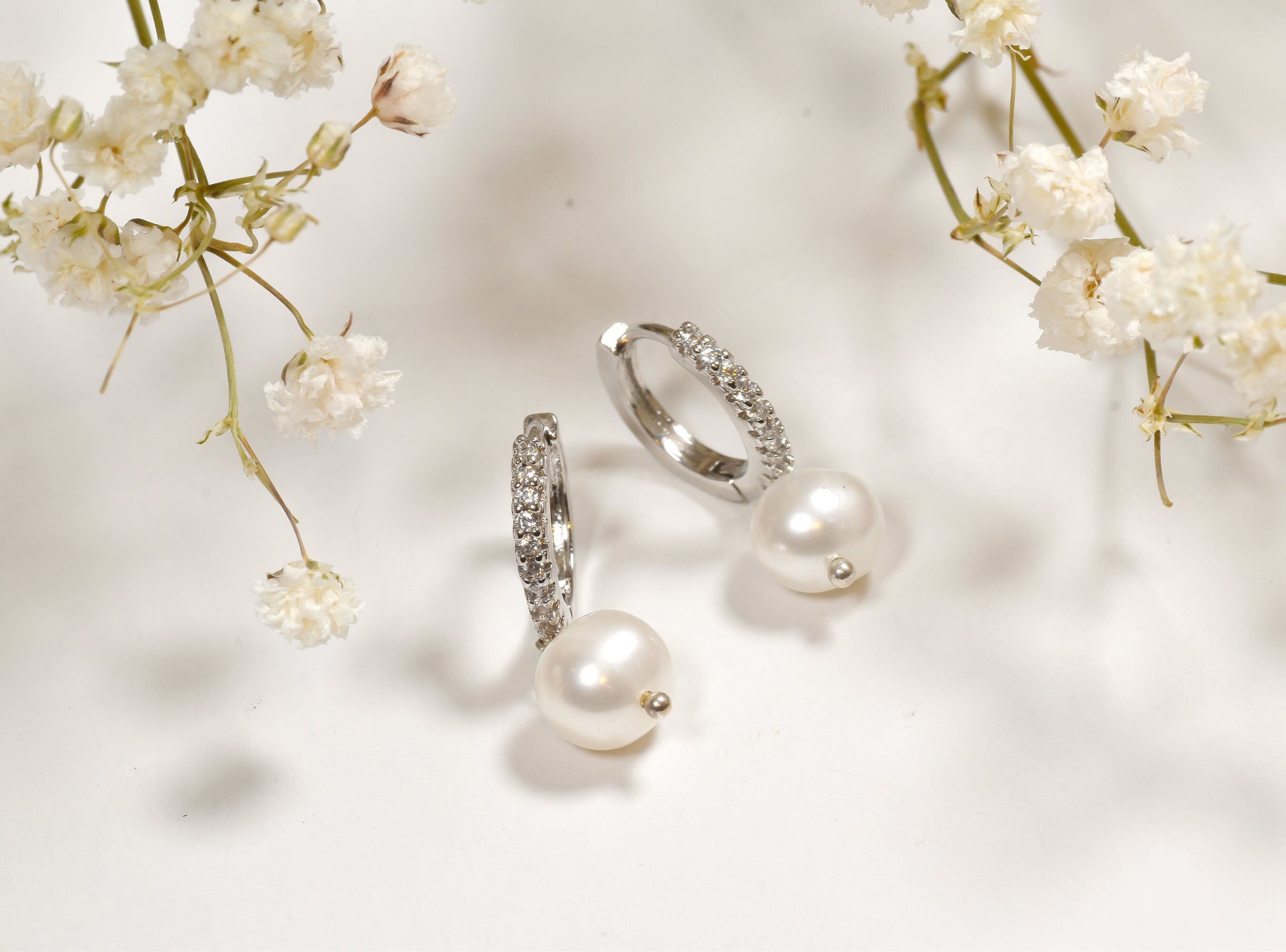 Pearl Huggie Hoop Earrings  Gold Plated Sterling Silver, Cubic Zirconia