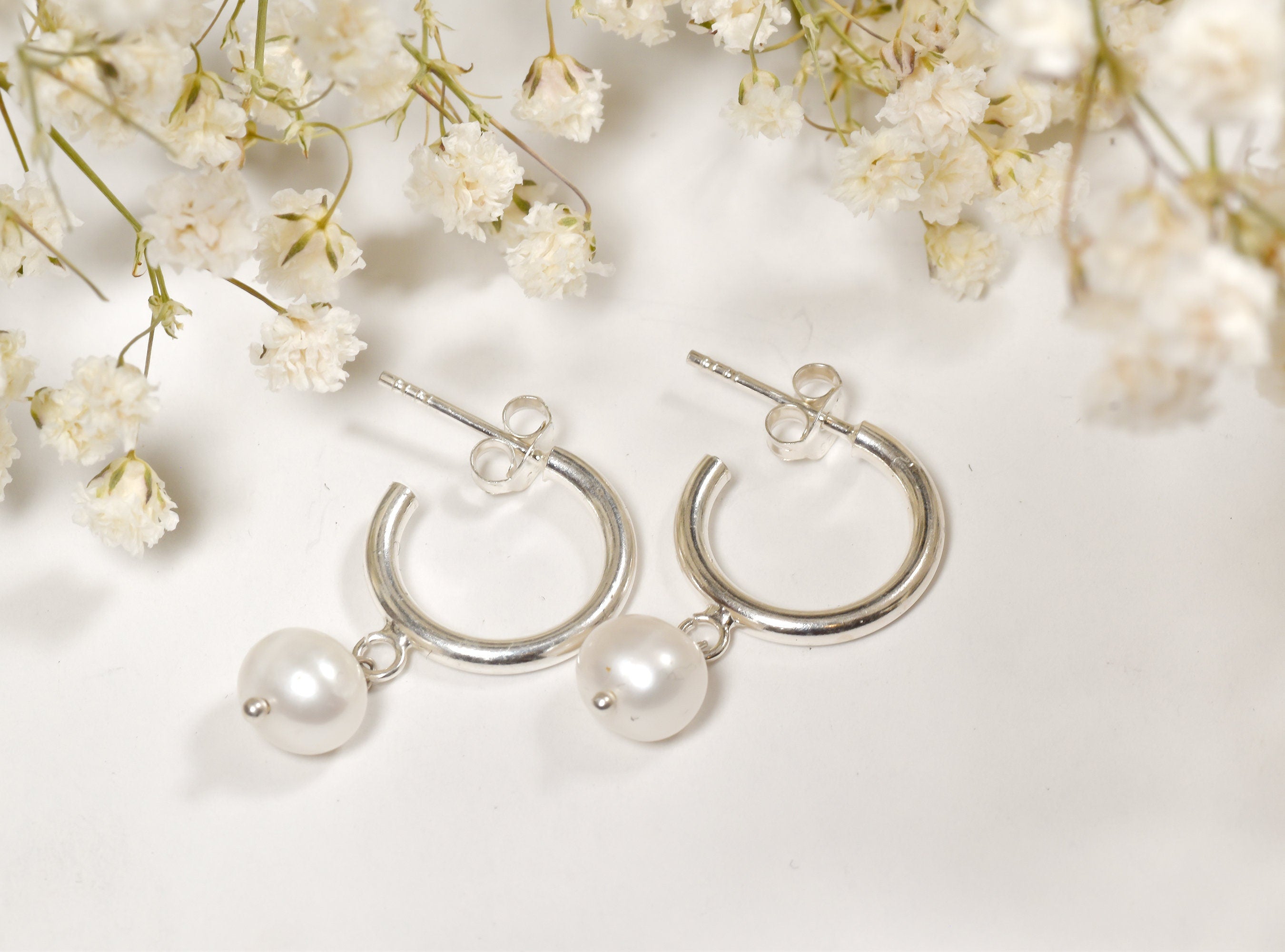 Gold Plated Sterling Silver Pearl Hoop Earrings  Dainty Minimalist C Hoops