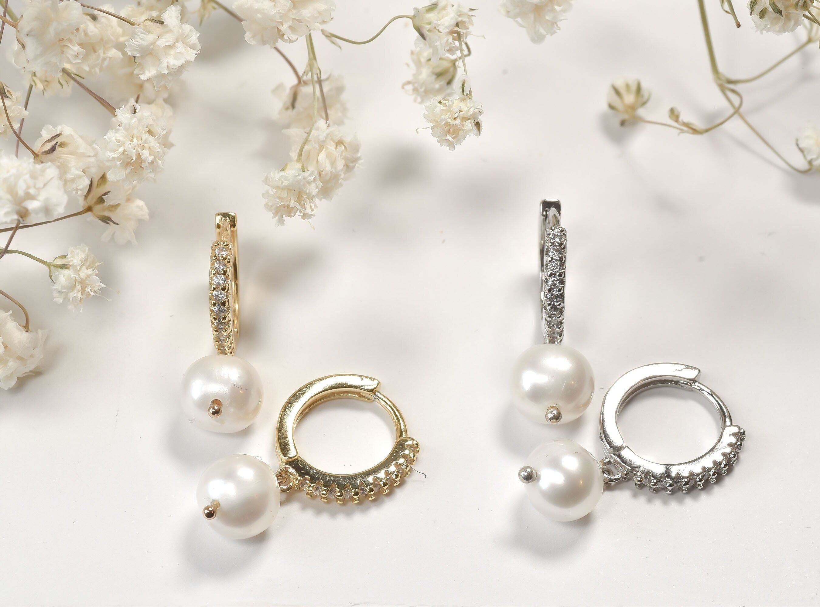 Pearl Huggie Hoop Earrings  Gold Plated Sterling Silver, Cubic Zirconia