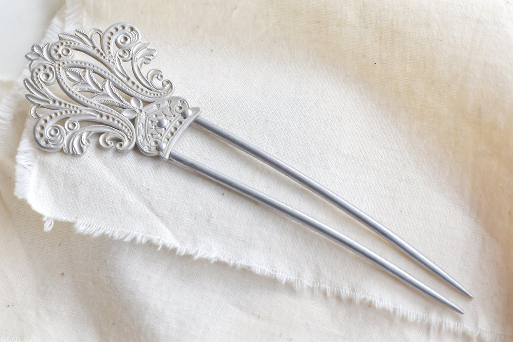 Vintage Silver French Pin Hair Barrette Clasp | Silver Plated Floral Flower Estate Clip