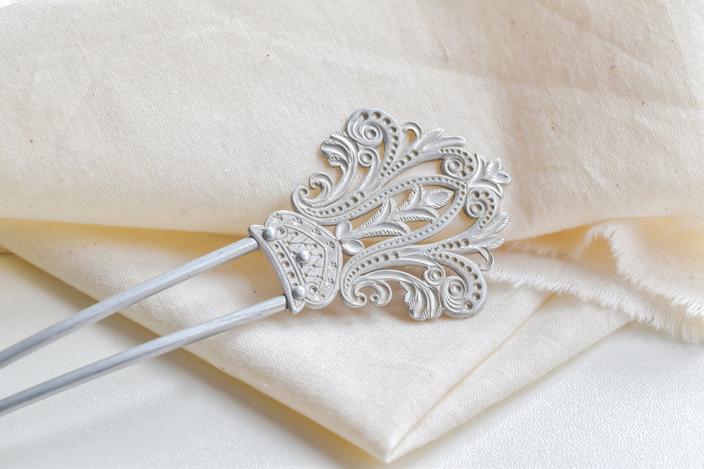 Vintage Silver French Pin Hair Barrette Clasp | Silver Plated Floral Flower Estate Clip