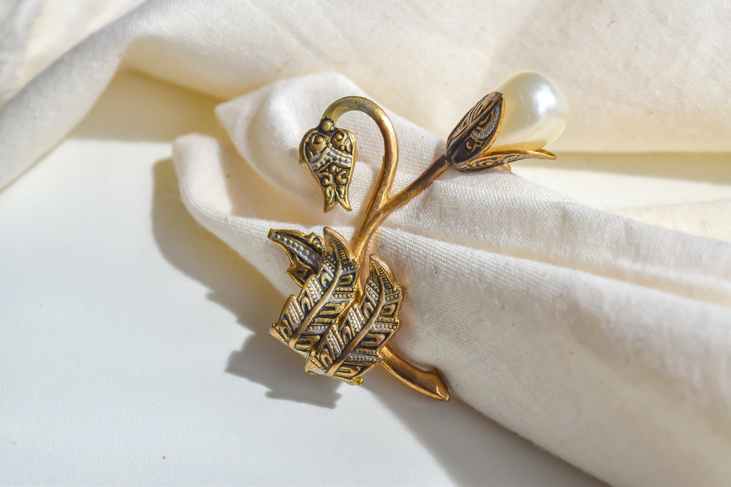 Vintage Damascene Lotus Flower Brooch  Victorian Style Faux Pearl Pin