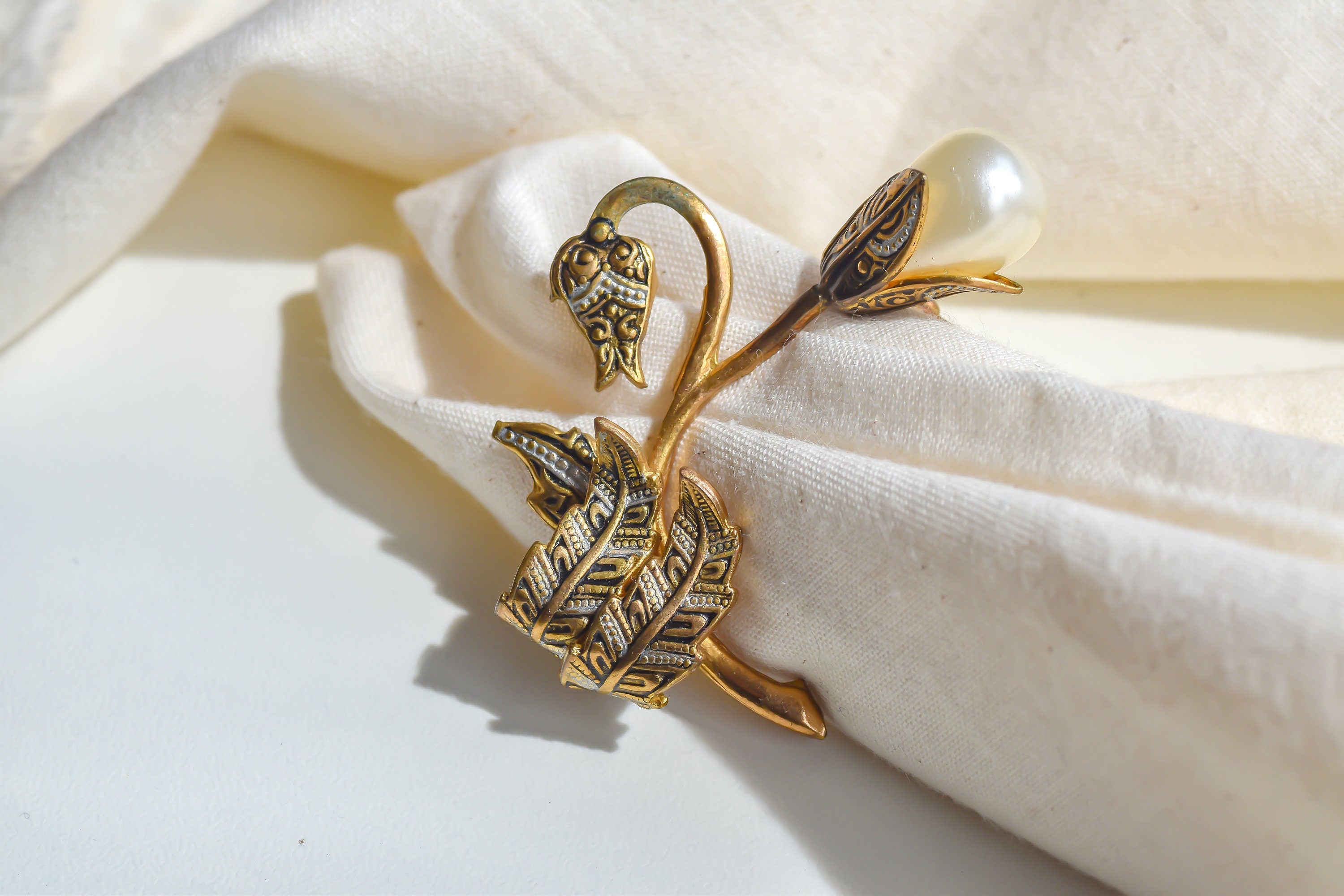 Vintage Damascene Lotus Flower Brooch  Victorian Style Faux Pearl Pin