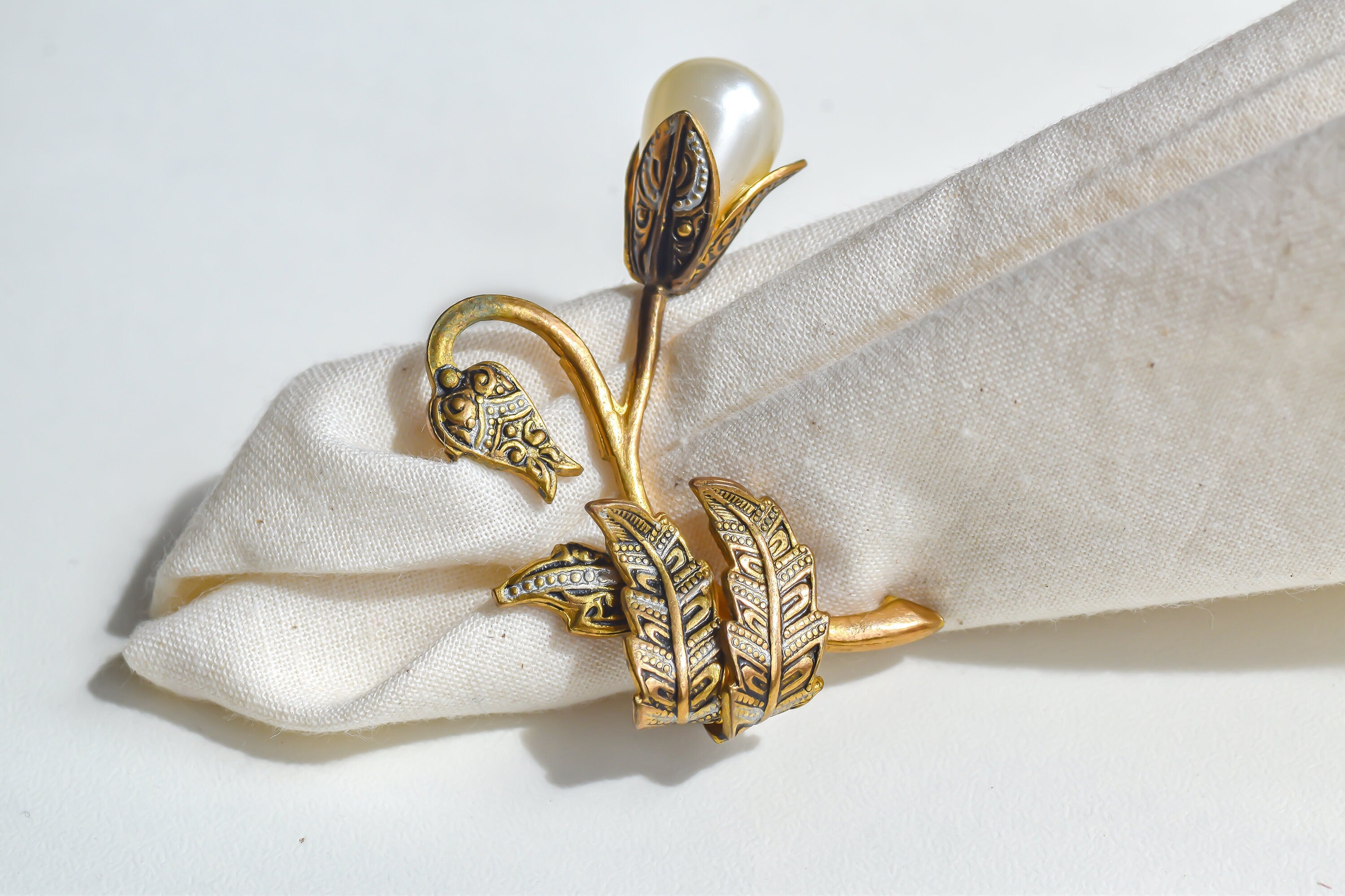 Vintage Damascene Lotus Flower Brooch  Victorian Style Faux Pearl Pin