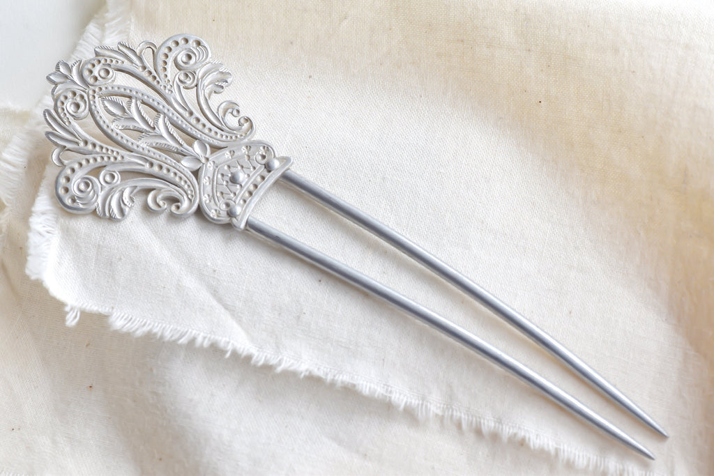 Vintage Silver French Pin Hair Barrette Clasp | Silver Plated Floral Flower Estate Clip