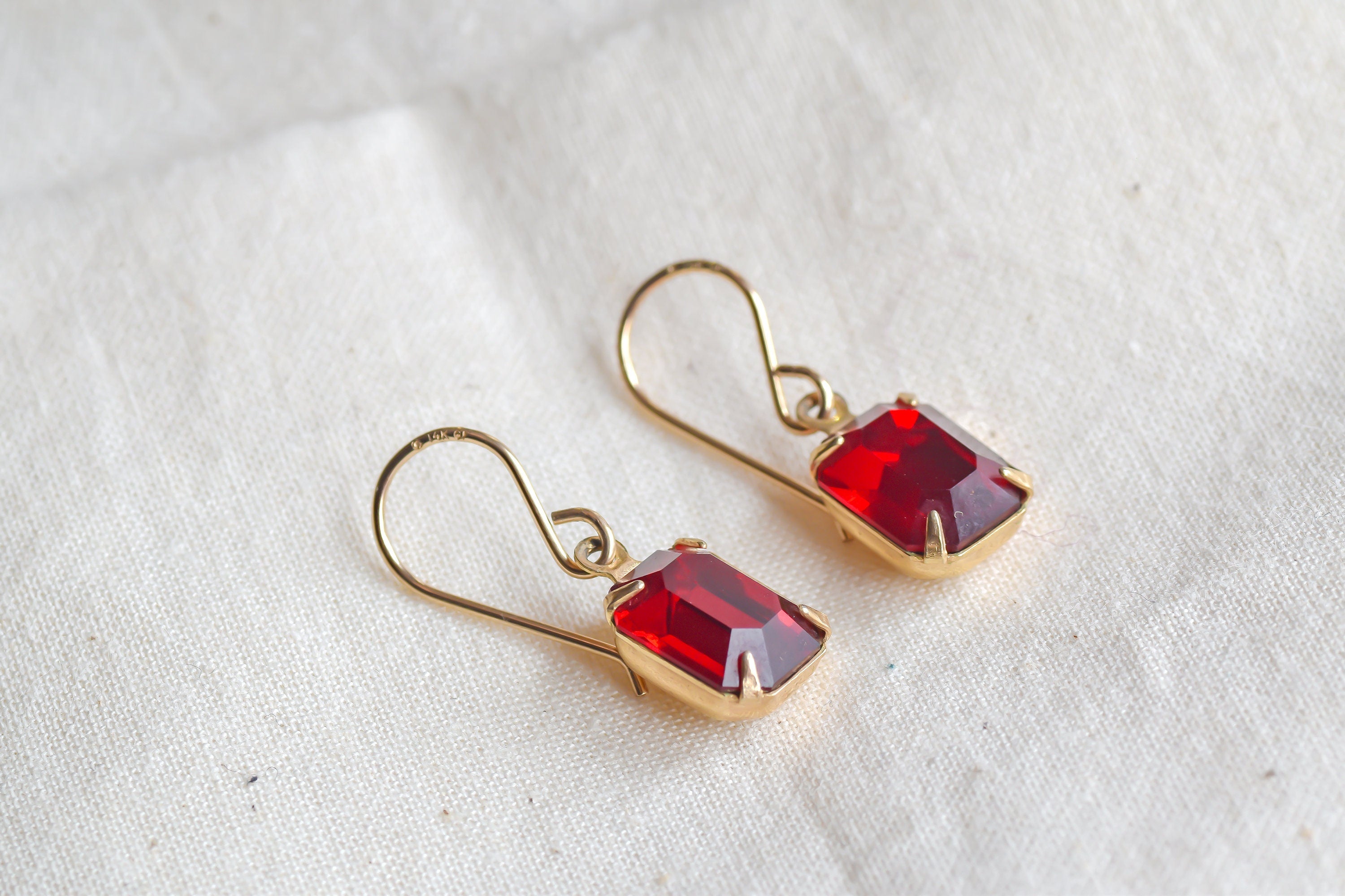 Vintage Art Deco Style Red Gem Paste Emerald Cut Earrings | Gold Tone Estate Charm