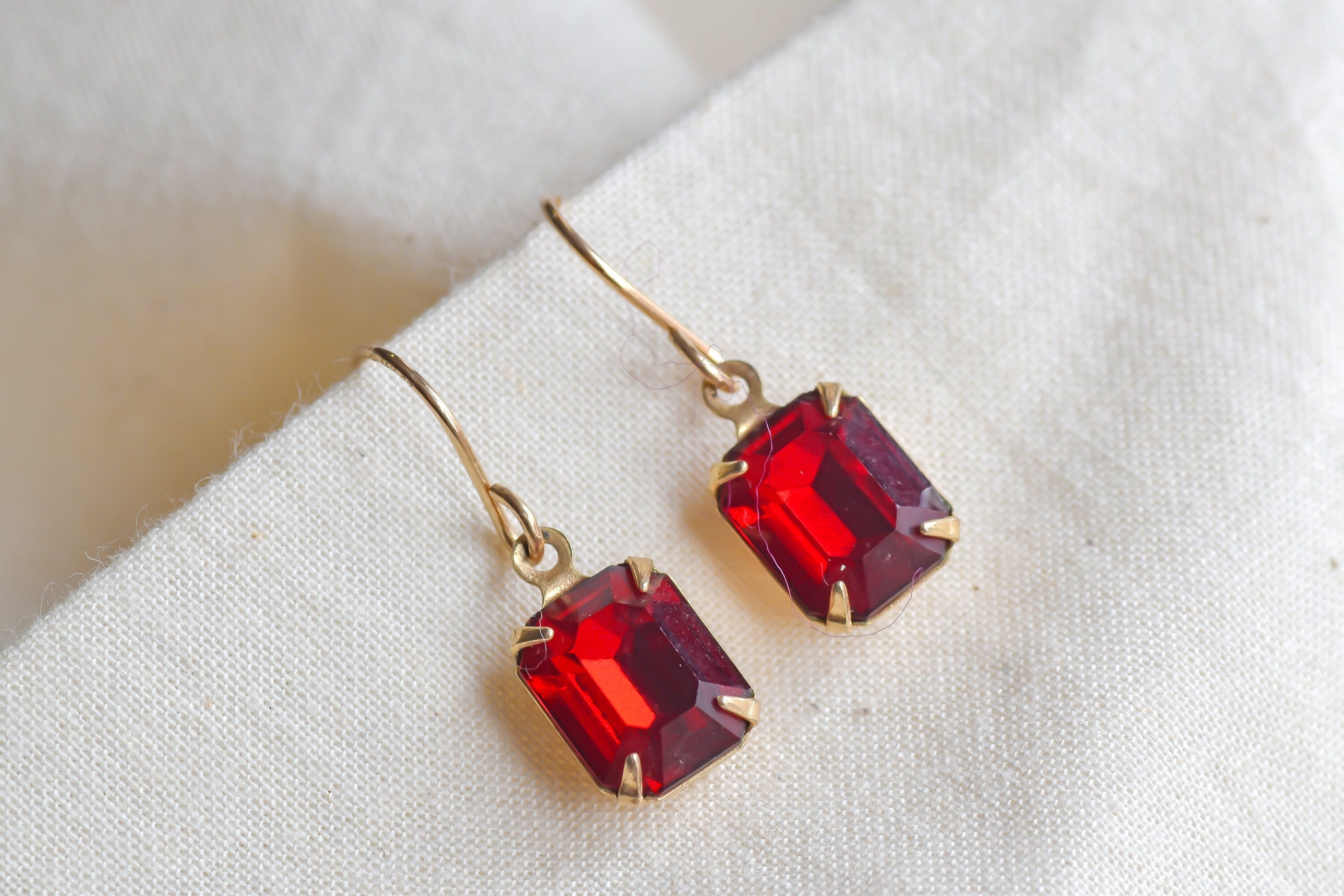 Vintage Art Deco Style Red Gem Paste Emerald Cut Earrings | Gold Tone Estate Charm