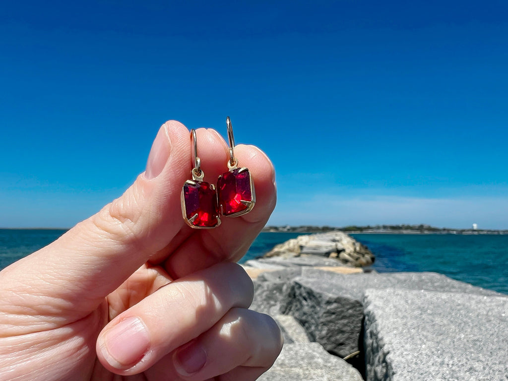 Vintage Art Deco Style Red Gem Paste Emerald Cut Earrings | Gold Tone Estate Charm