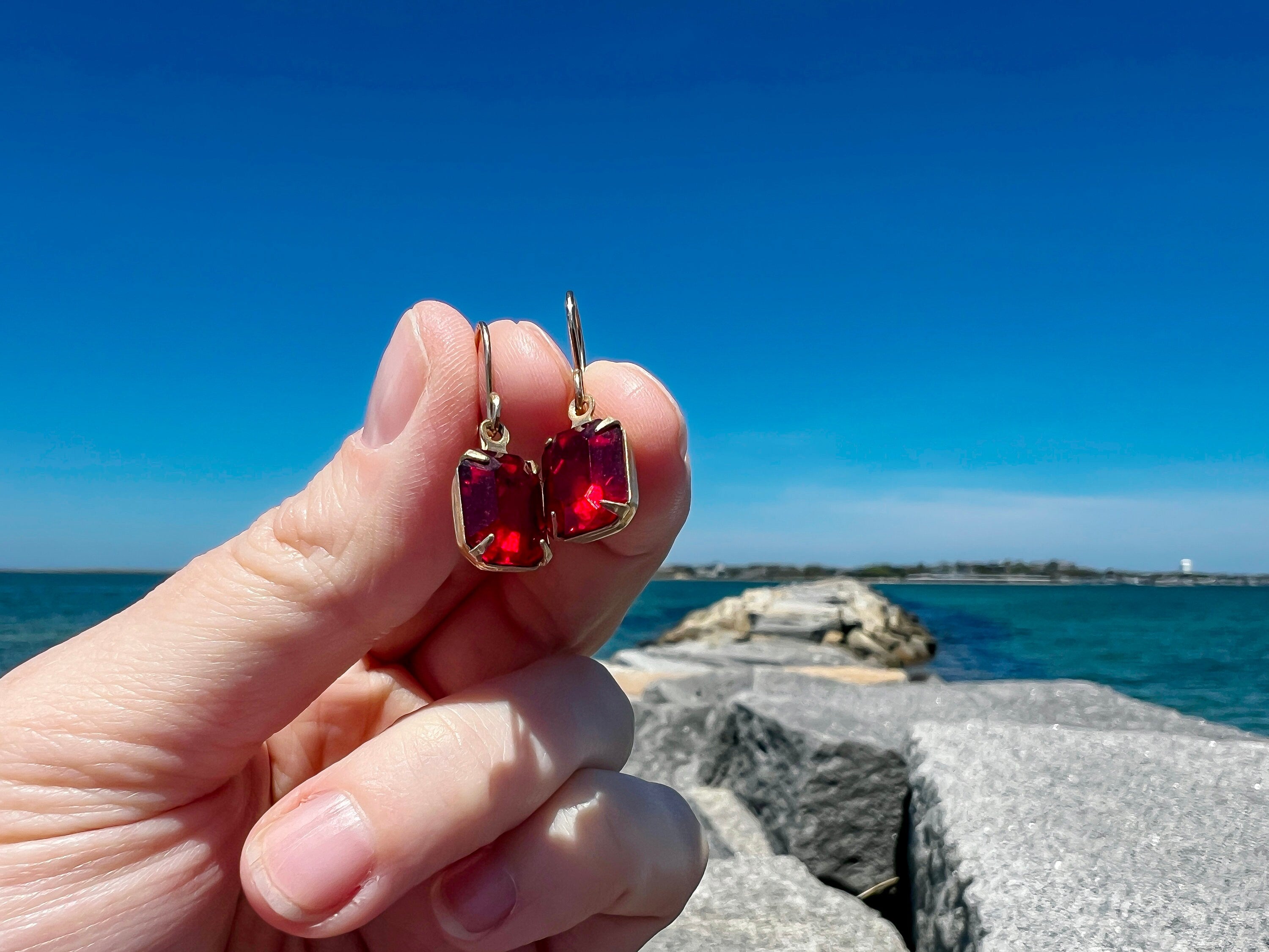 Vintage Art Deco Style Red Gem Paste Emerald Cut Earrings | Gold Tone Estate Charm