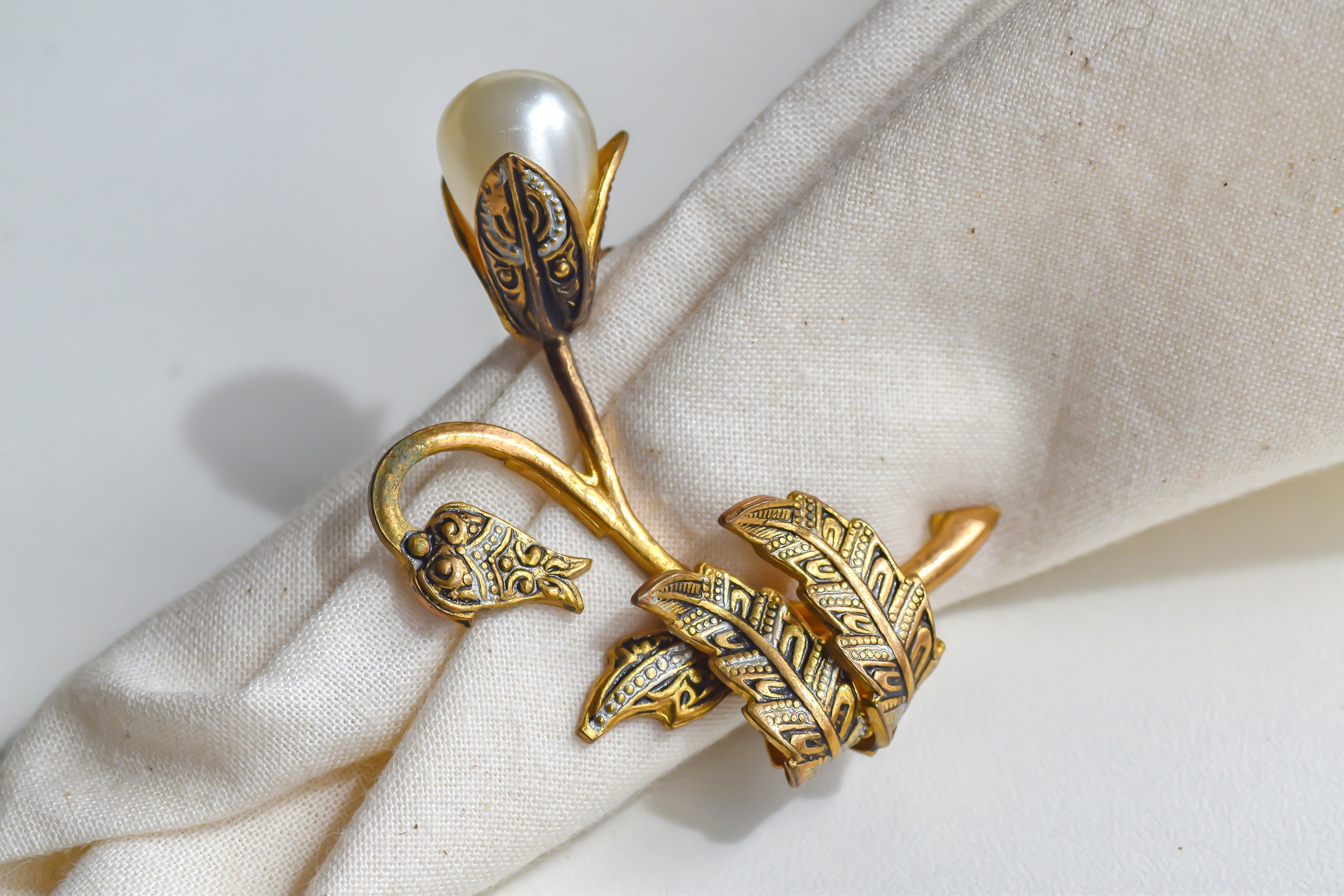 Vintage Damascene Lotus Flower Brooch  Victorian Style Faux Pearl Pin