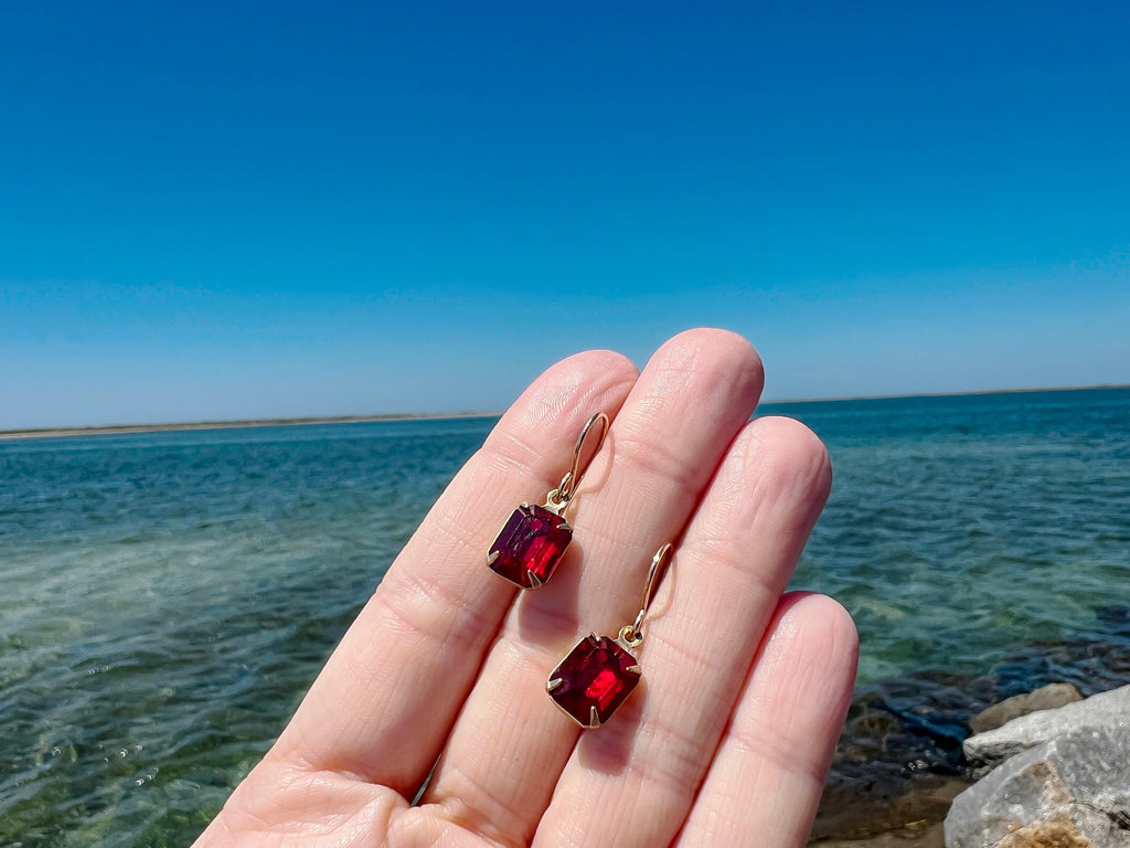 Vintage Art Deco Style Red Gem Paste Emerald Cut Earrings | Gold Tone Estate Charm