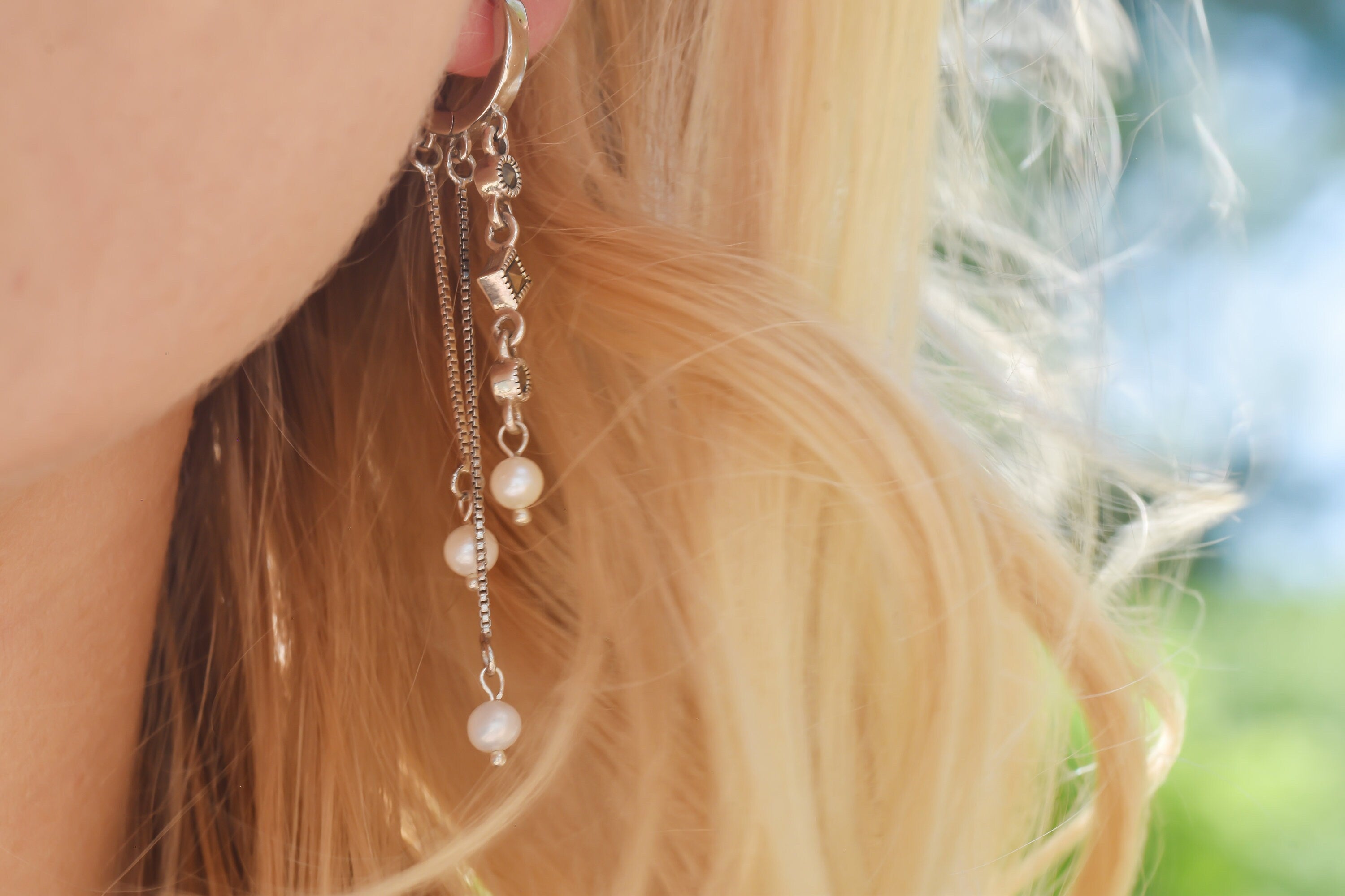 Vintage Pearl Drop Earrings: Sterling Silver Marcasite Charm Huggies