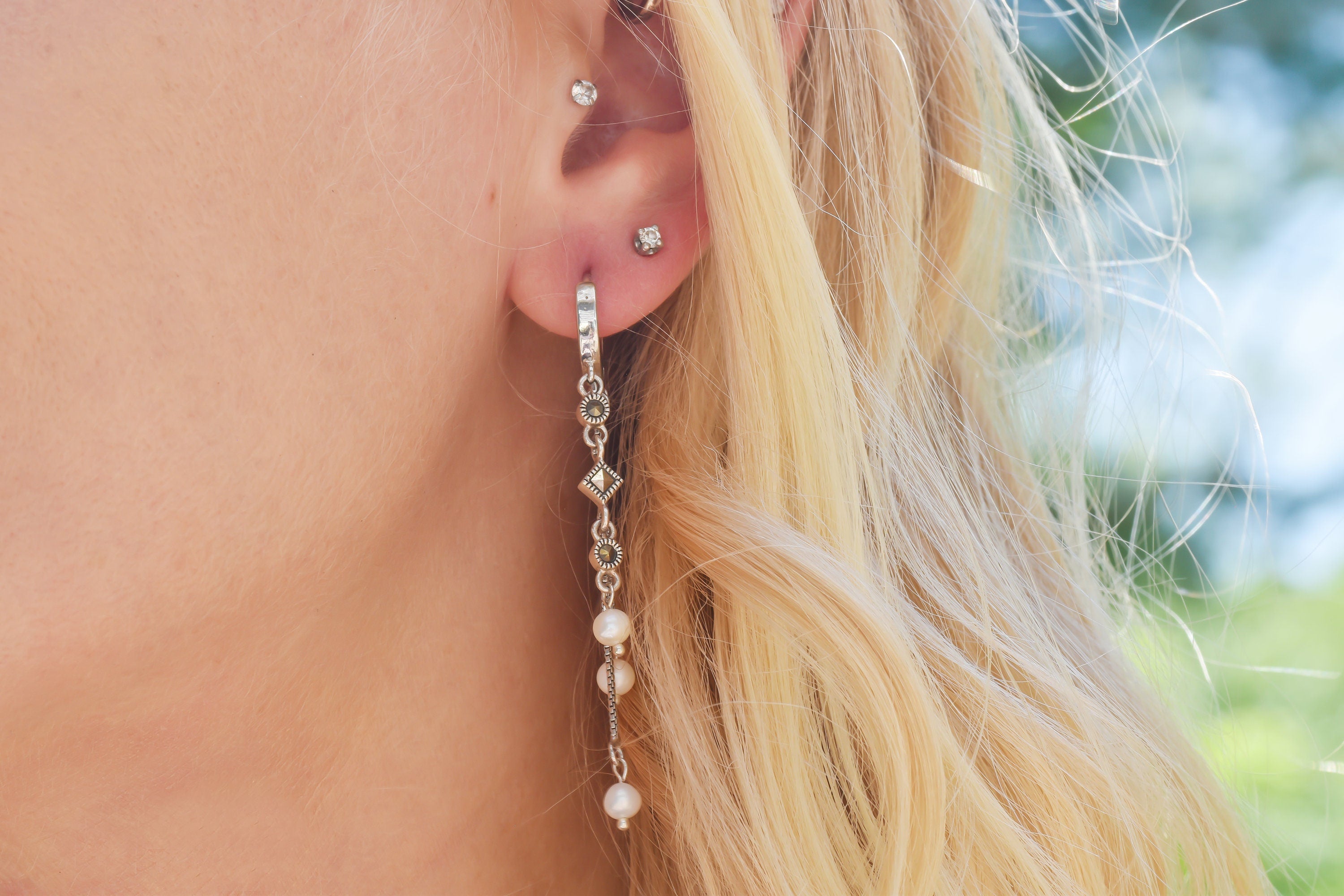 Vintage Pearl Drop Earrings: Sterling Silver Marcasite Charm Huggies