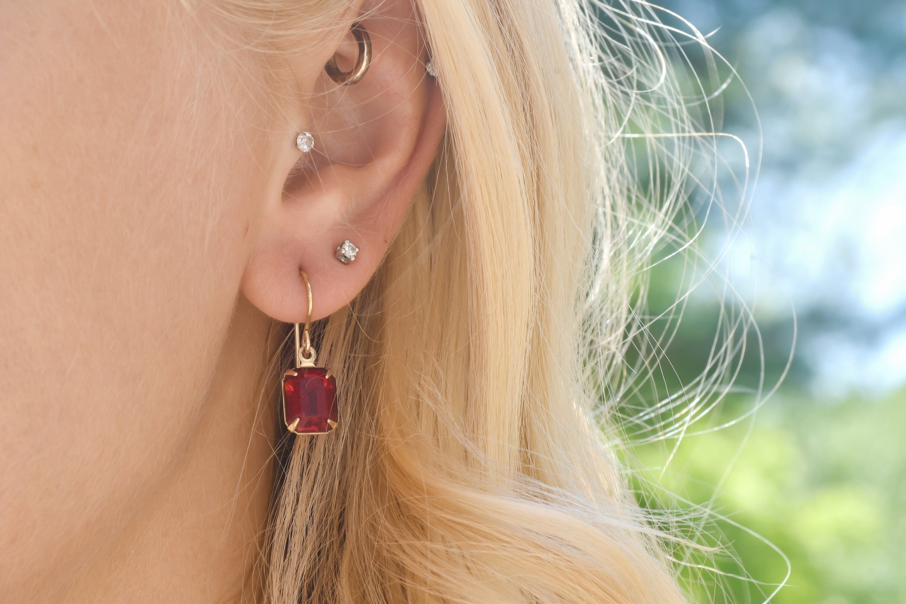 Vintage Art Deco Style Red Gem Paste Emerald Cut Earrings | Gold Tone Estate Charm