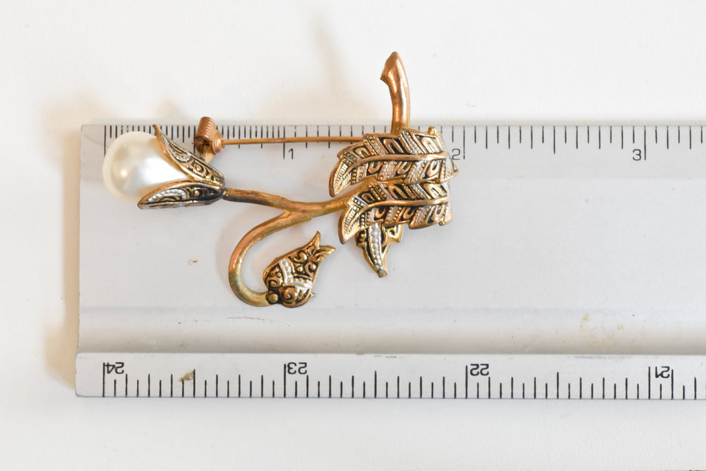 Vintage Damascene Lotus Flower Brooch  Victorian Style Faux Pearl Pin