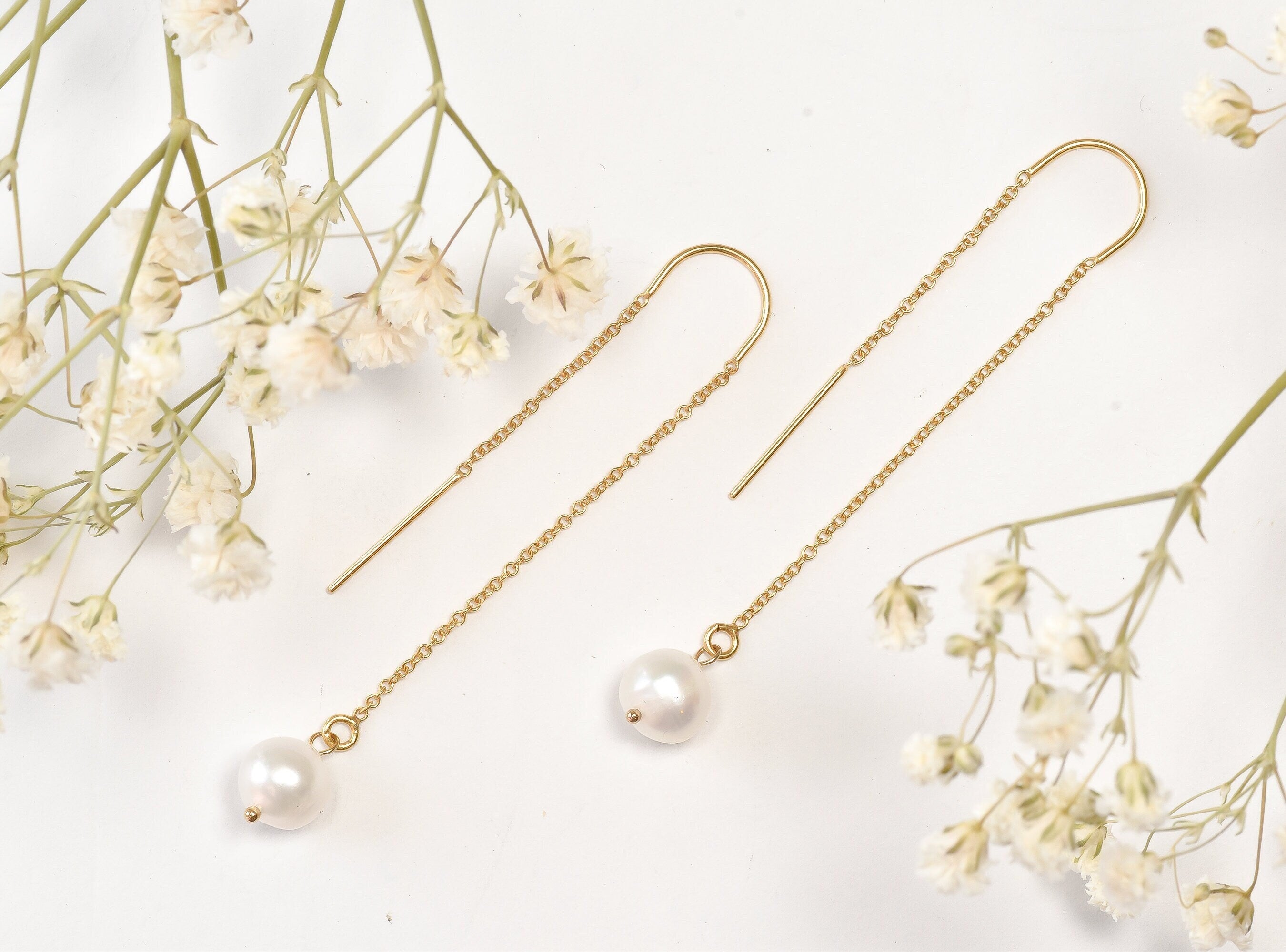 Gold Filled Pearl Threader Earrings  Dainty Minimalist Drop Earrings