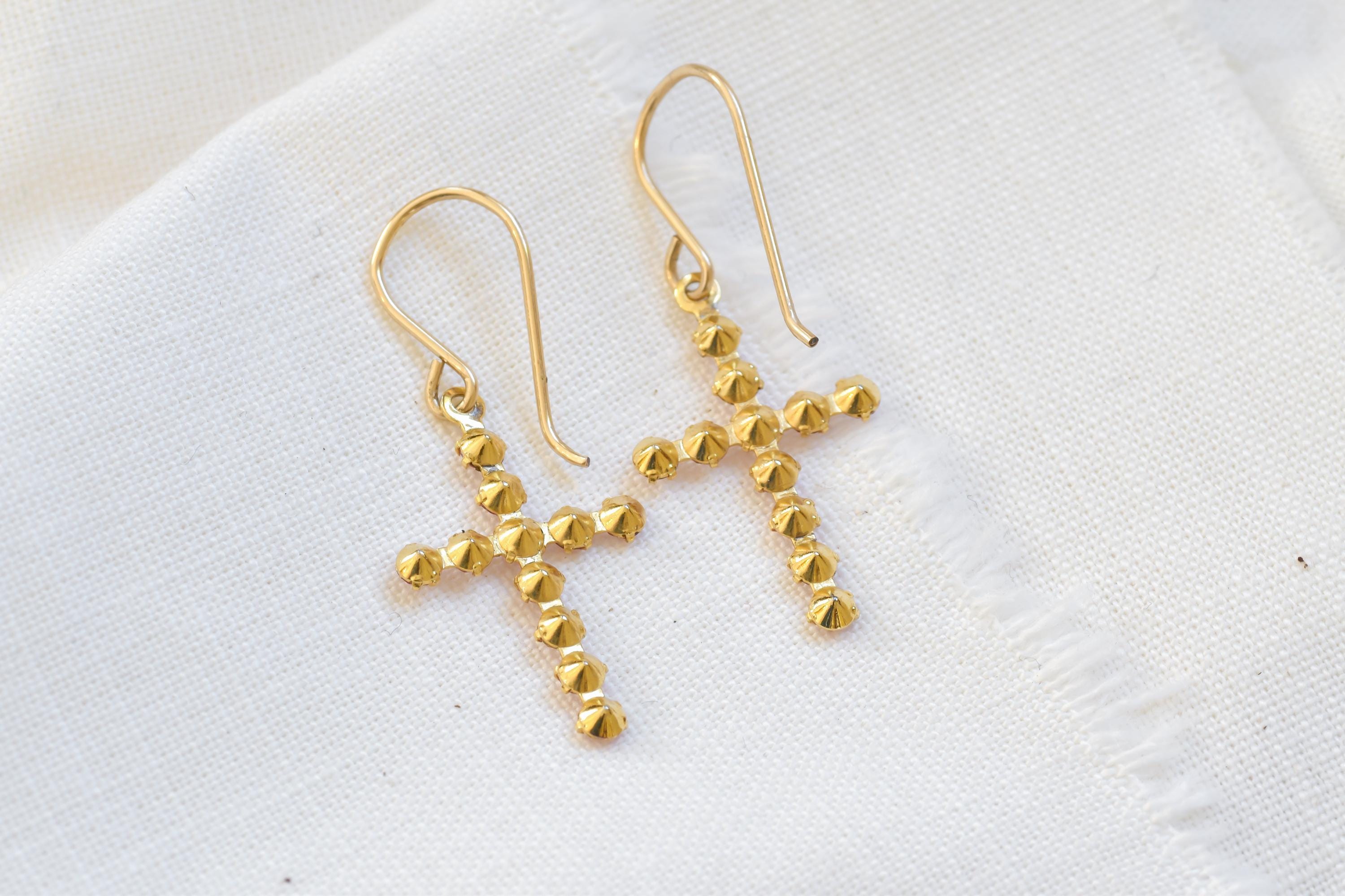 Vintage Cross Dangle Earrings | Fuchsia Pink Cubic Zirconia CZ Drop Earrings | Gold Plate Estate