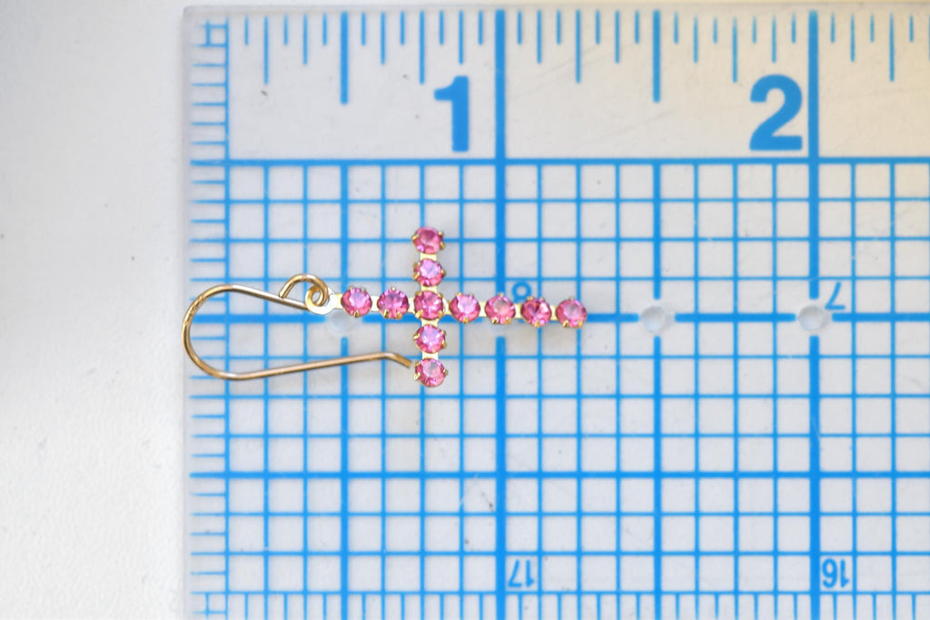 Vintage Cross Dangle Earrings | Fuchsia Pink Cubic Zirconia CZ Drop Earrings | Gold Plate Estate