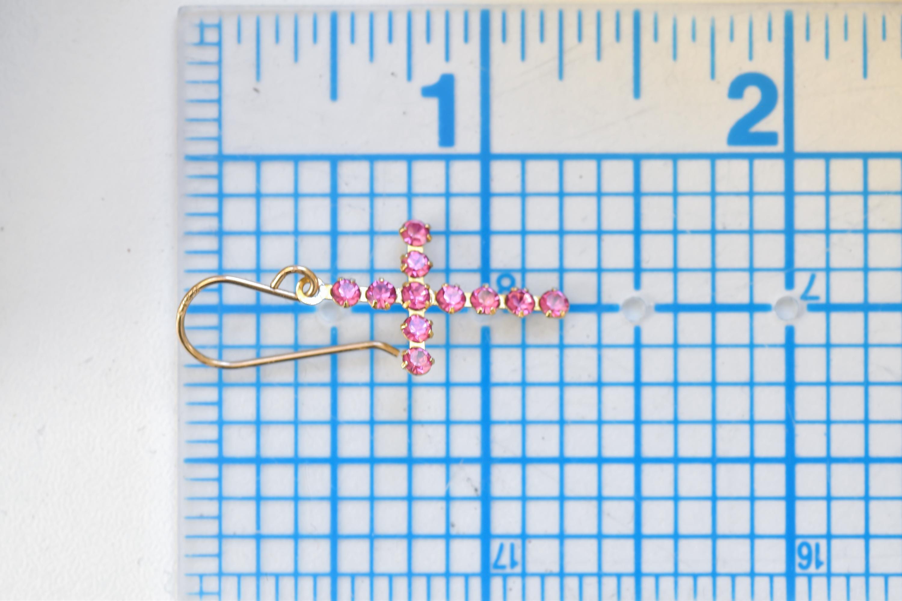 Vintage Cross Dangle Earrings | Fuchsia Pink Cubic Zirconia CZ Drop Earrings | Gold Plate Estate