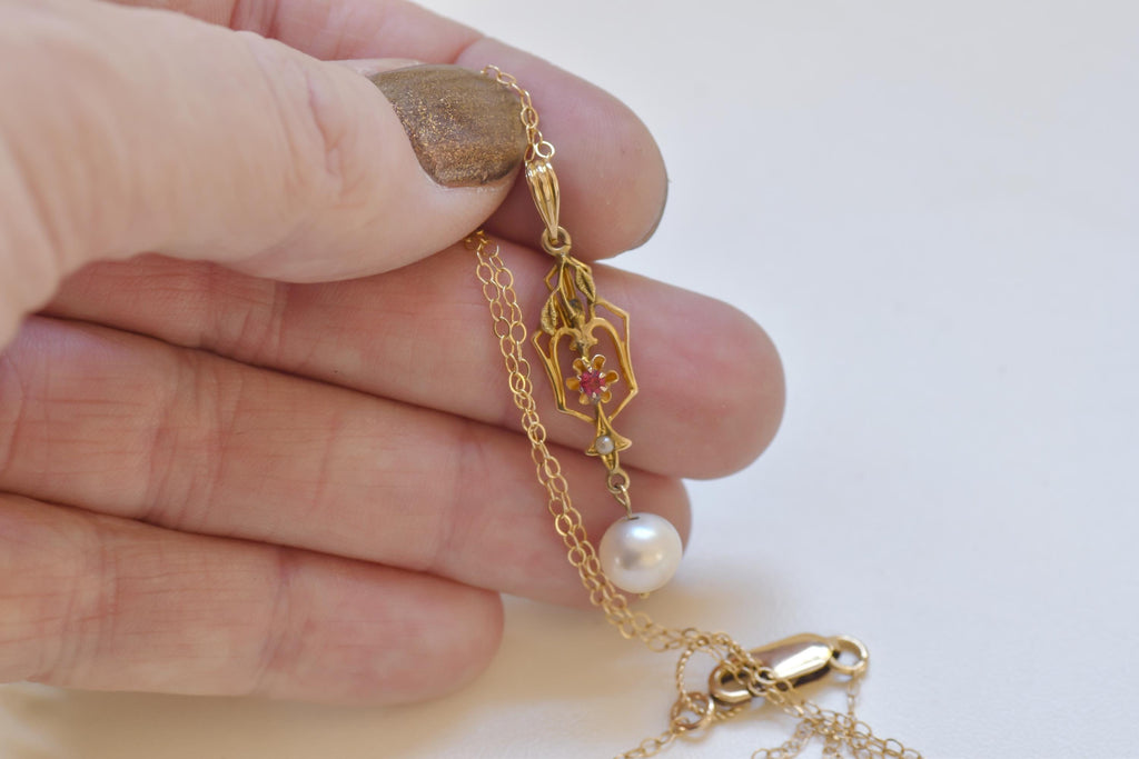 Victorian Ruby Pearl Pendant Necklace  10k Gold Charm, Gold Fill Chain