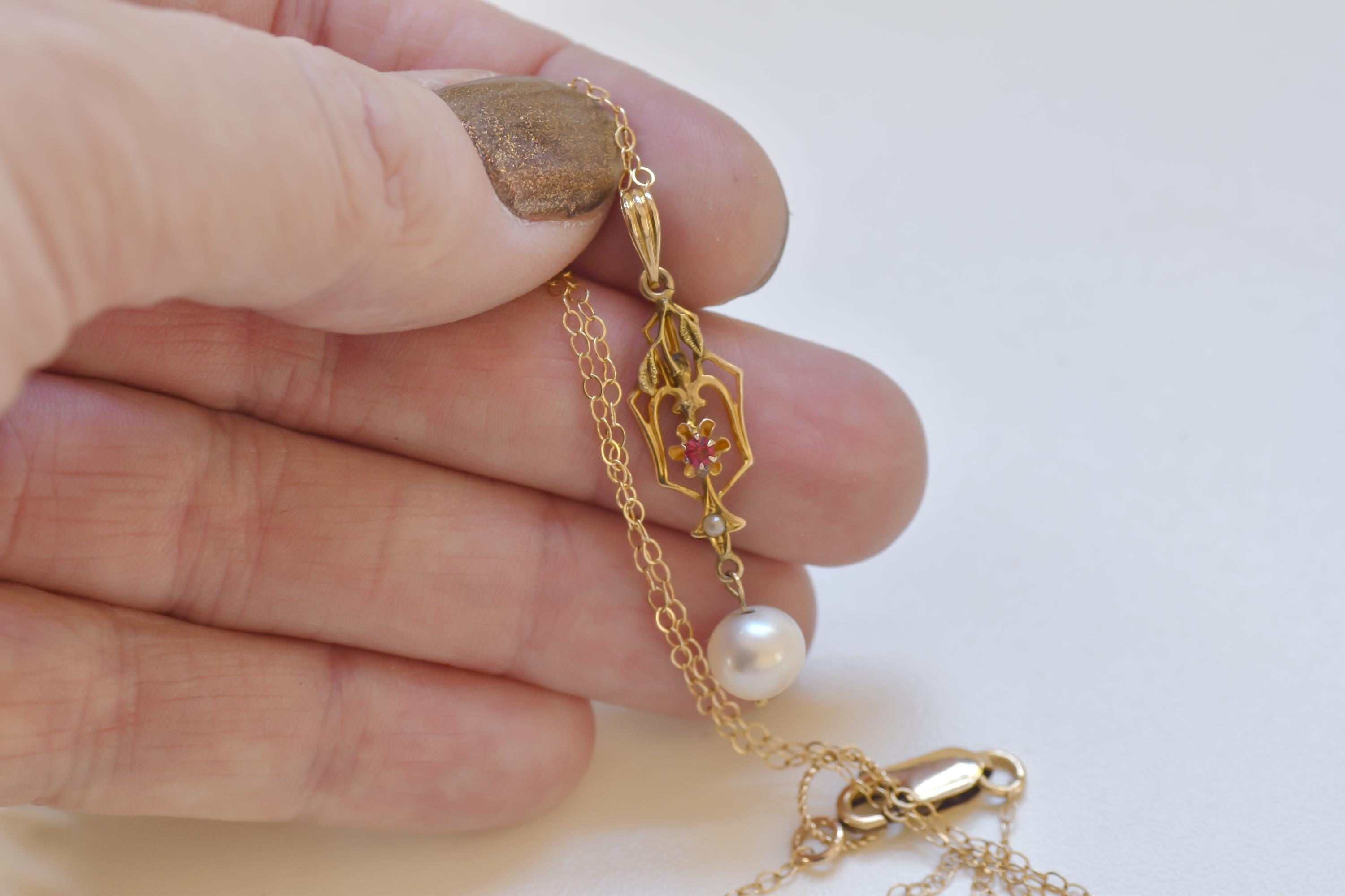 Victorian Ruby Pearl Pendant Necklace  10k Gold Charm, Gold Fill Chain