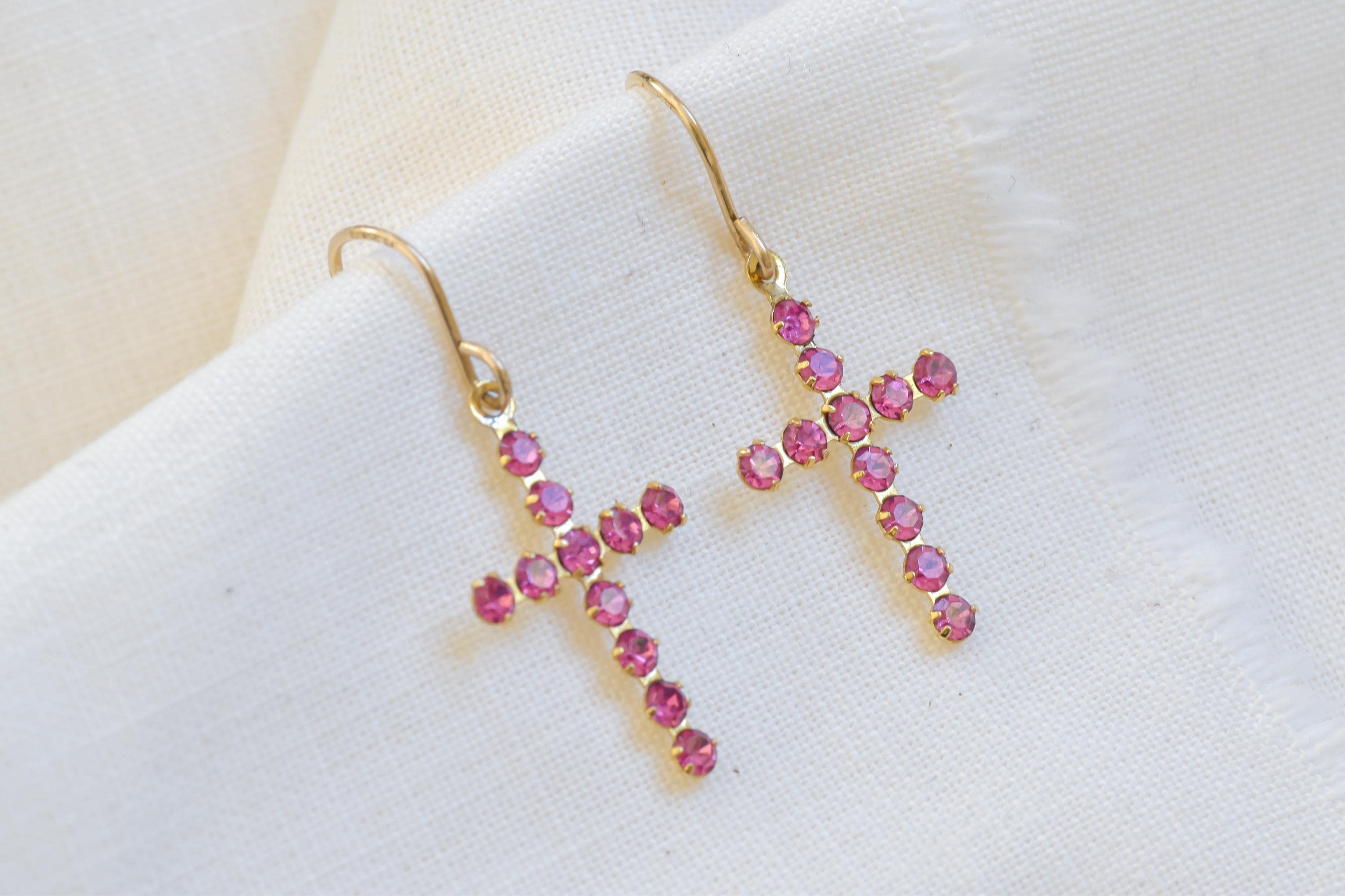 Vintage Cross Dangle Earrings | Fuchsia Pink Cubic Zirconia CZ Drop Earrings | Gold Plate Estate