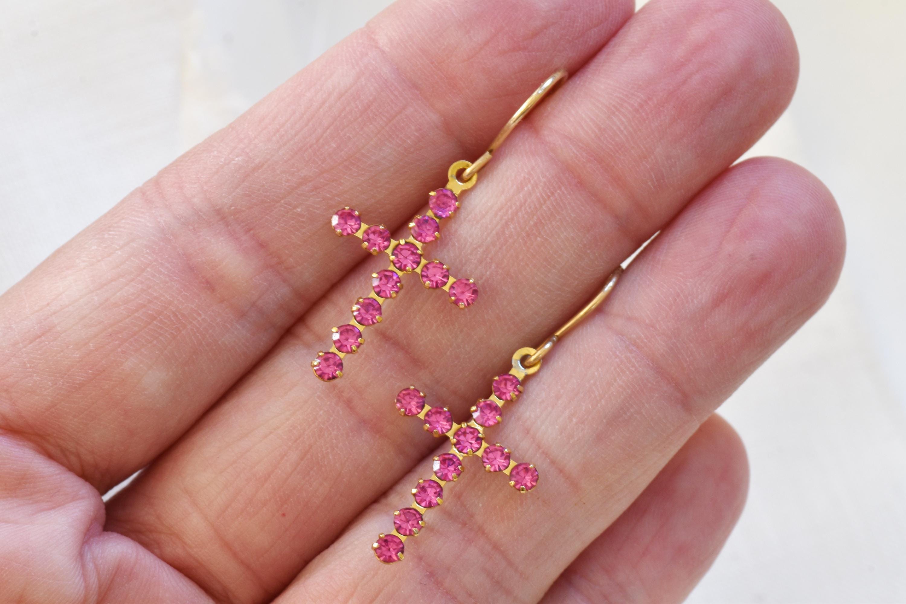 Vintage Cross Dangle Earrings | Fuchsia Pink Cubic Zirconia CZ Drop Earrings | Gold Plate Estate