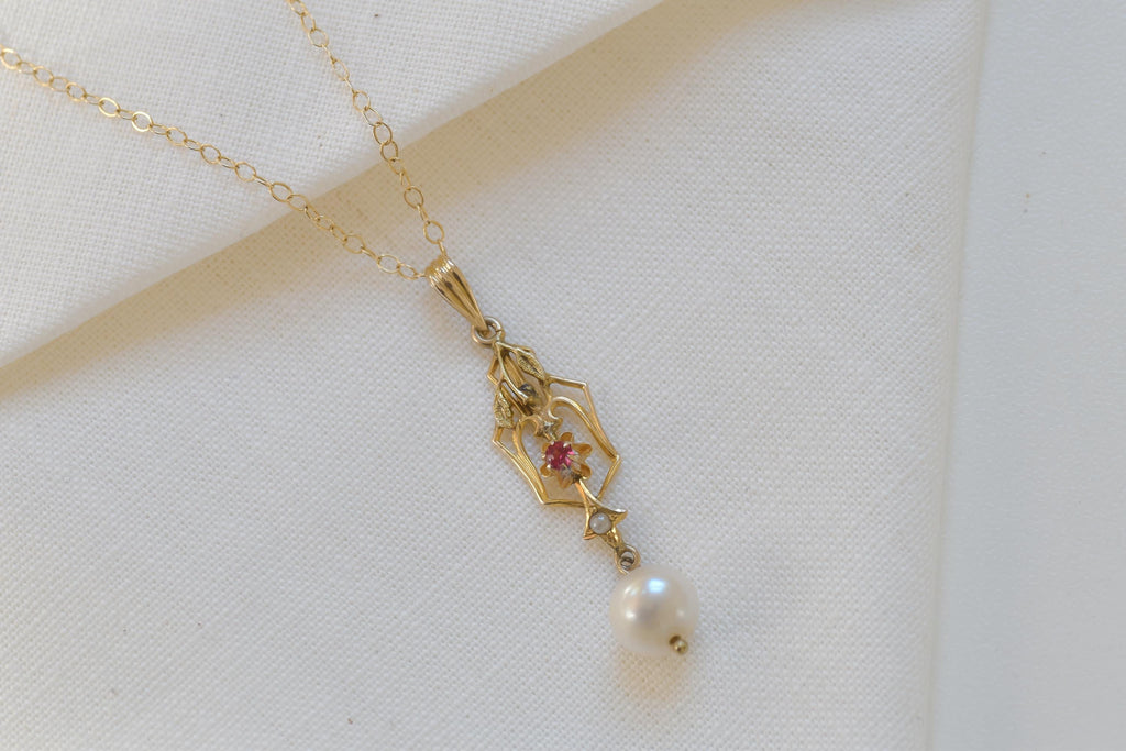 Victorian Ruby Pearl Pendant Necklace  10k Gold Charm, Gold Fill Chain