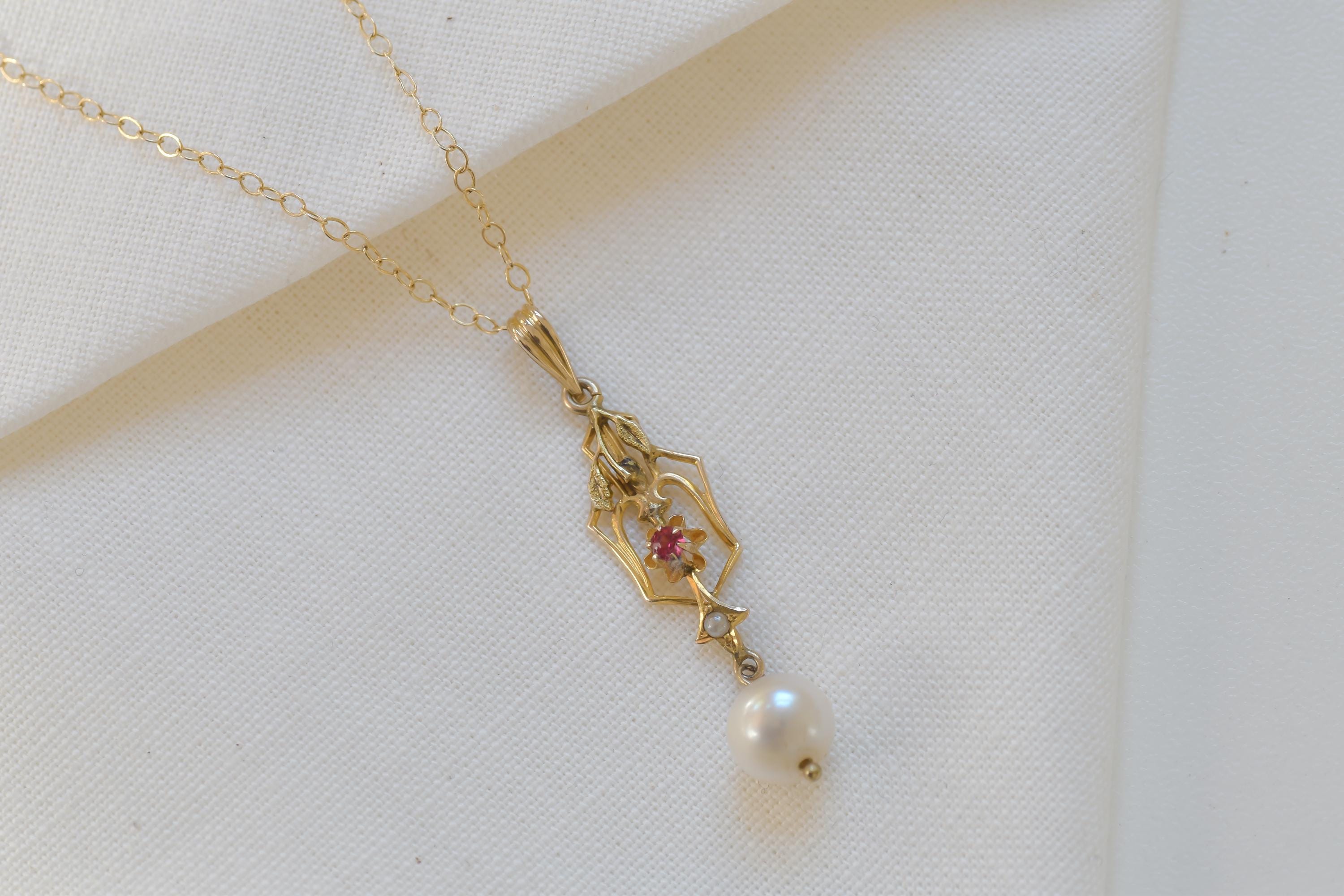 Victorian Ruby Pearl Pendant Necklace  10k Gold Charm, Gold Fill Chain
