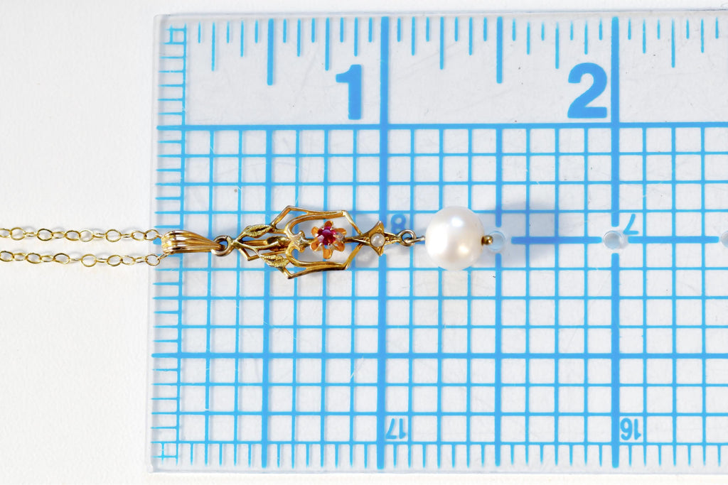 Victorian Ruby Pearl Pendant Necklace  10k Gold Charm, Gold Fill Chain