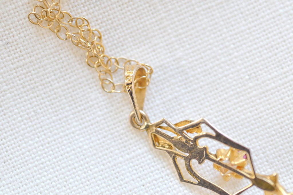 Victorian Ruby Pearl Pendant Necklace  10k Gold Charm, Gold Fill Chain