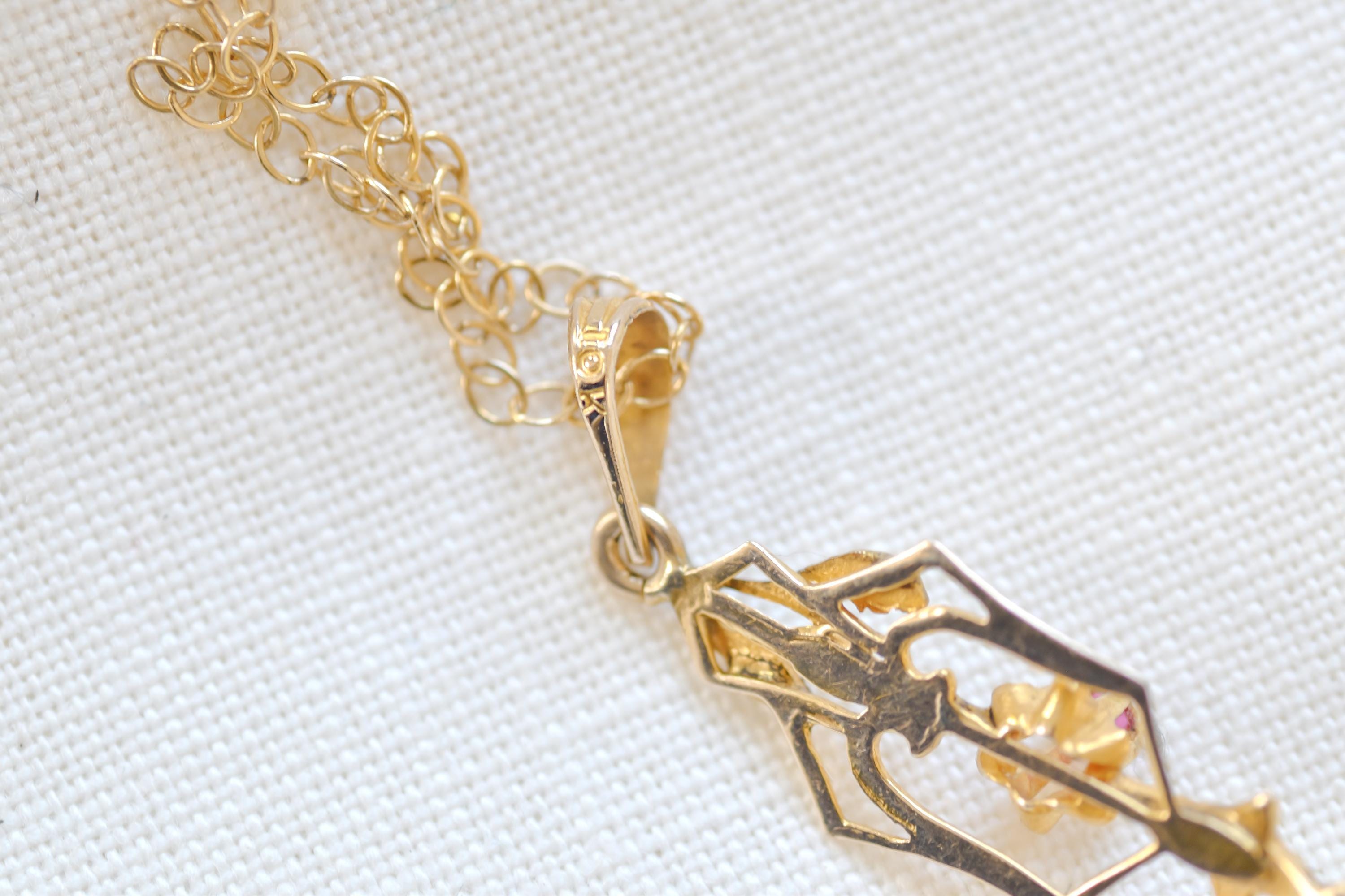 Victorian Ruby Pearl Pendant Necklace  10k Gold Charm, Gold Fill Chain