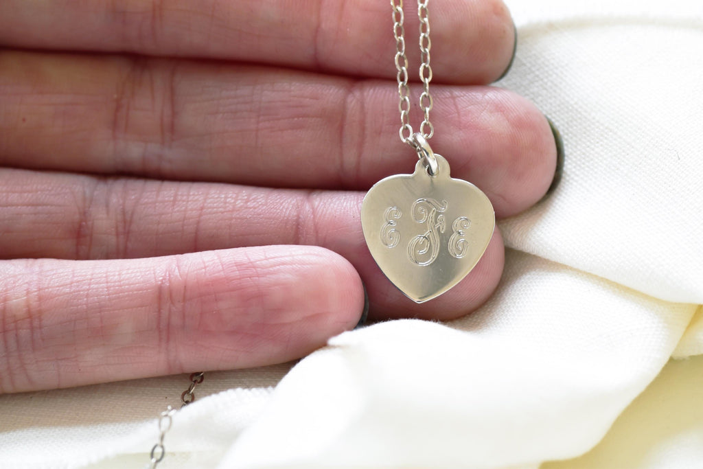 Vintage Sterling Silver Monogram Heart Pendant Necklace