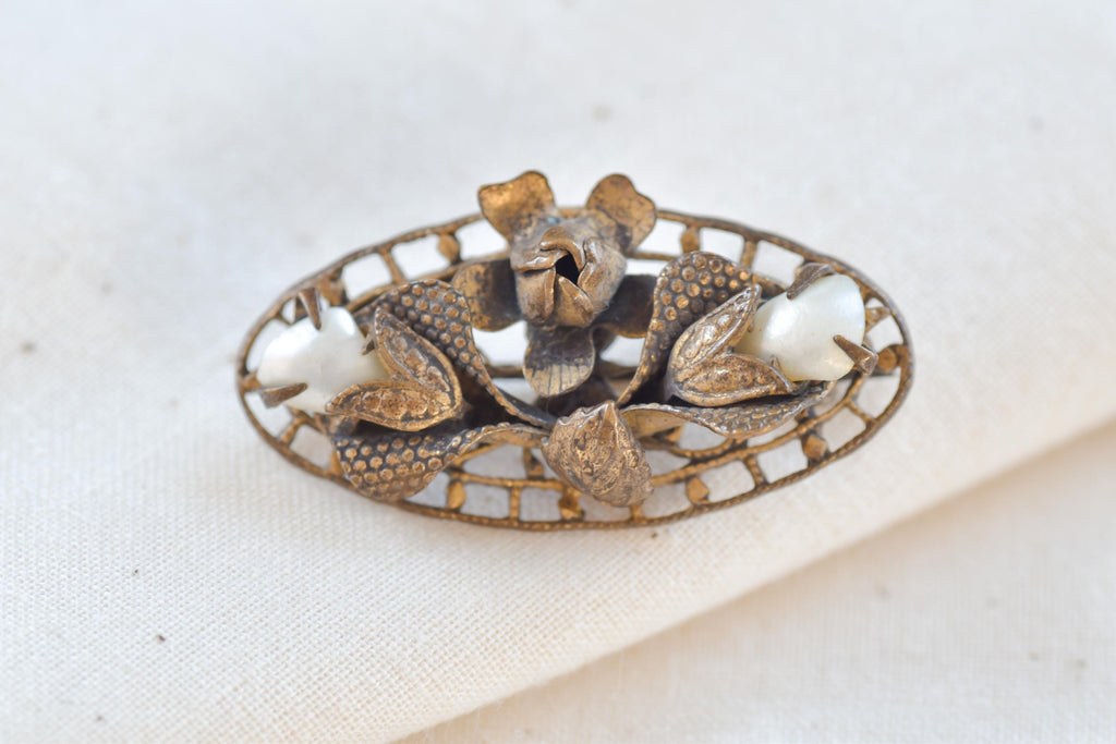 Victorian Filigree Pearl Brooch