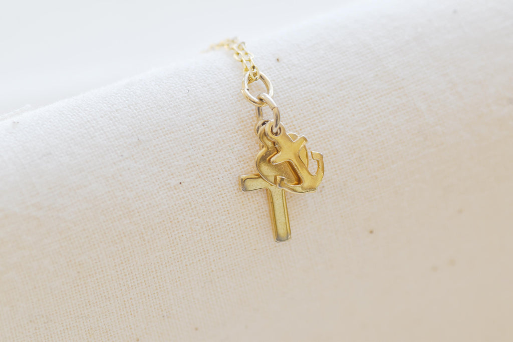 Vintage Cross Necklace: Gold Plated Hope Faith Charity Charms